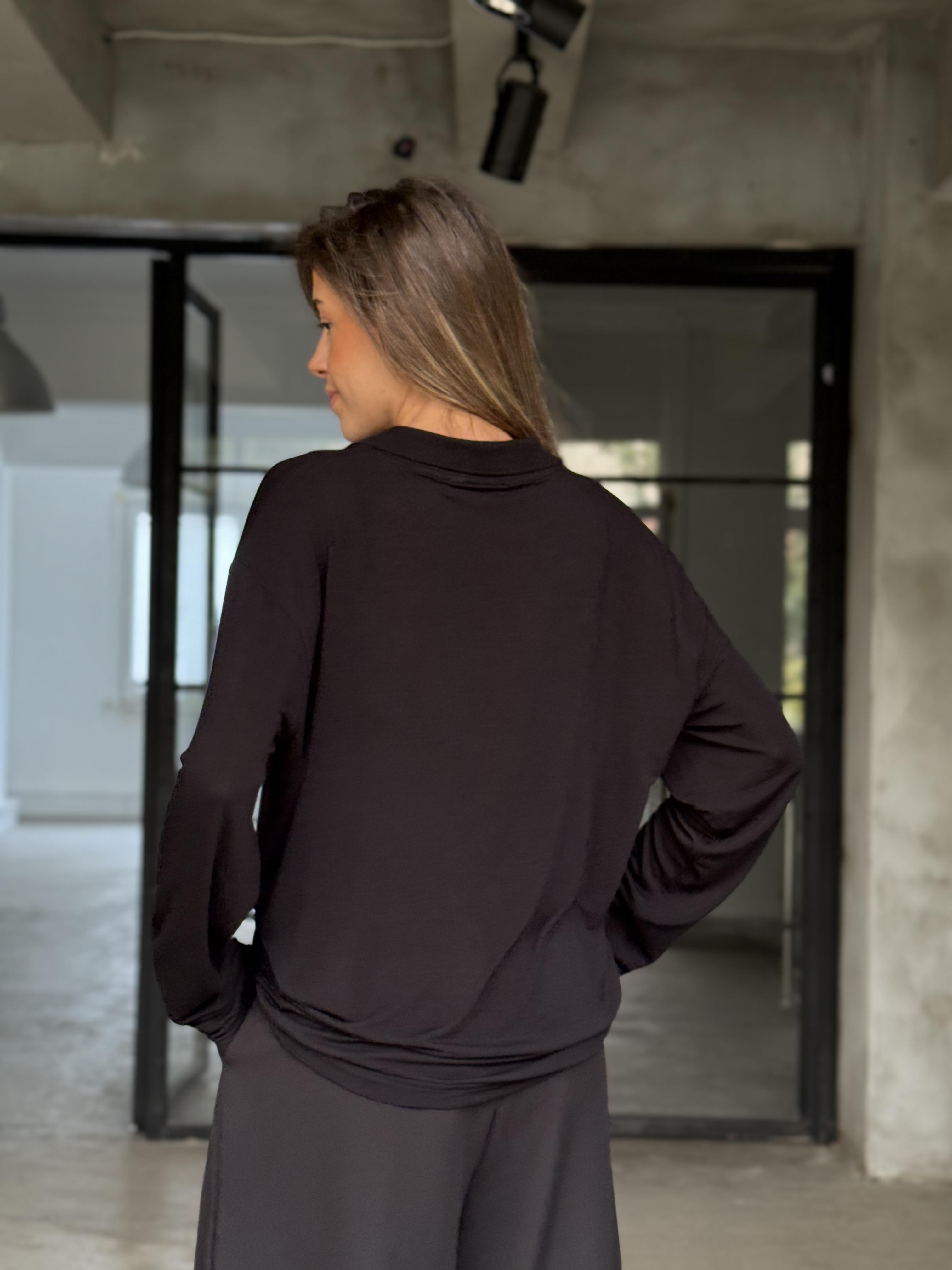 Çilek Kumaş Polo Yaka Transparan Bluz Siyah