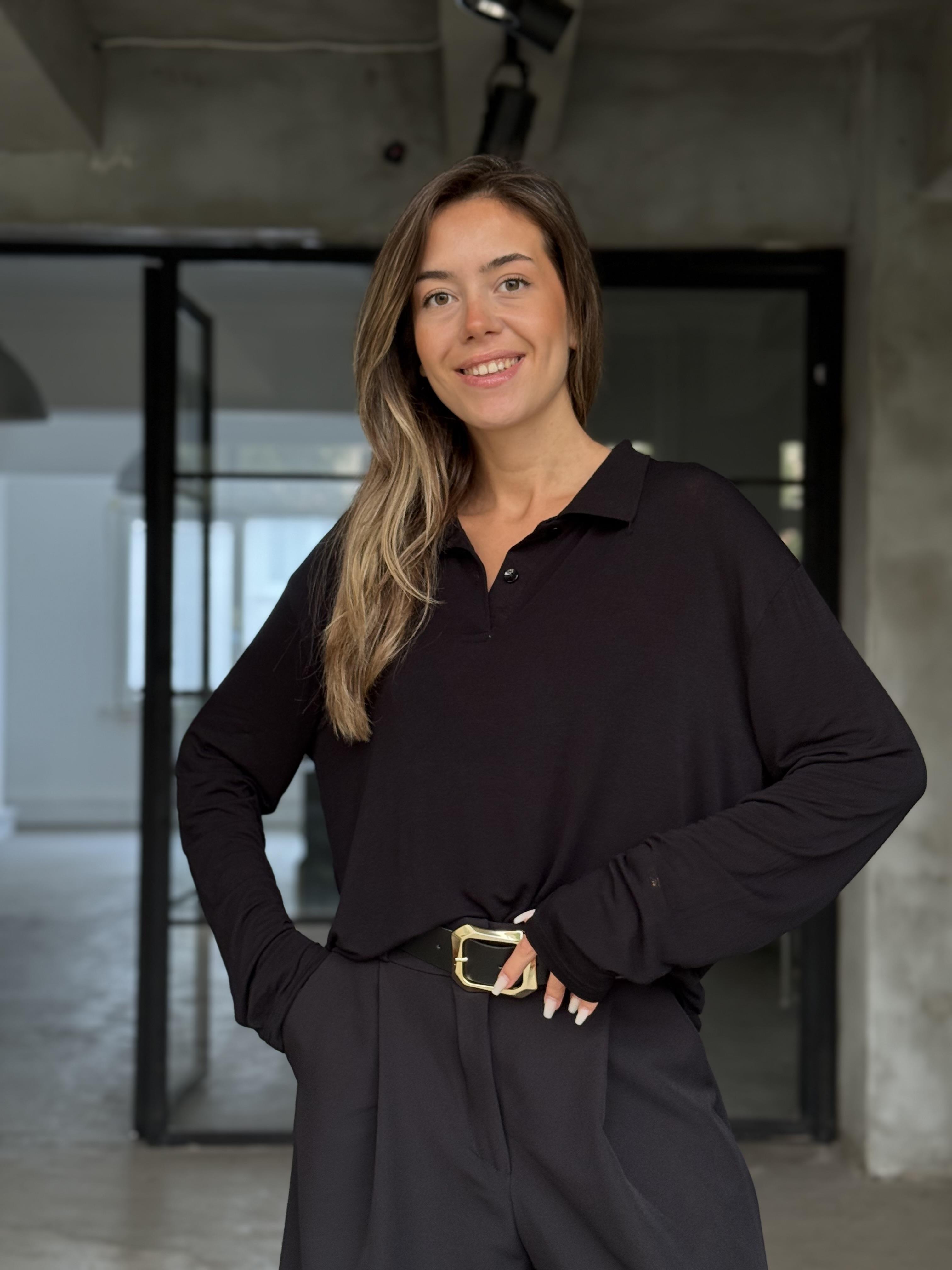 Çilek Kumaş Polo Yaka Transparan Bluz Siyah