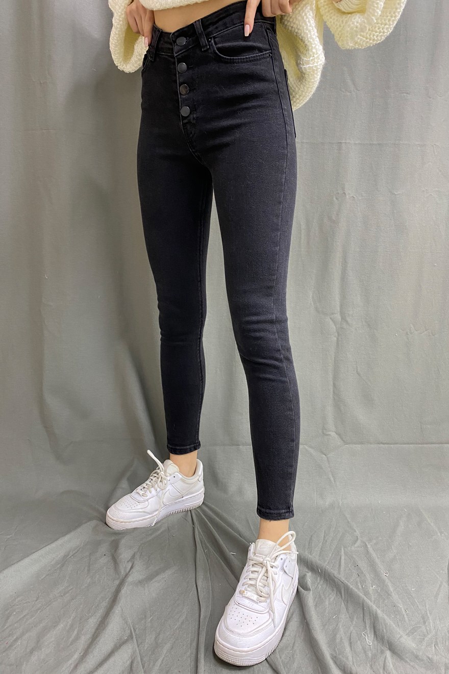 Çok Düğmeli Skinny Jean - Füme