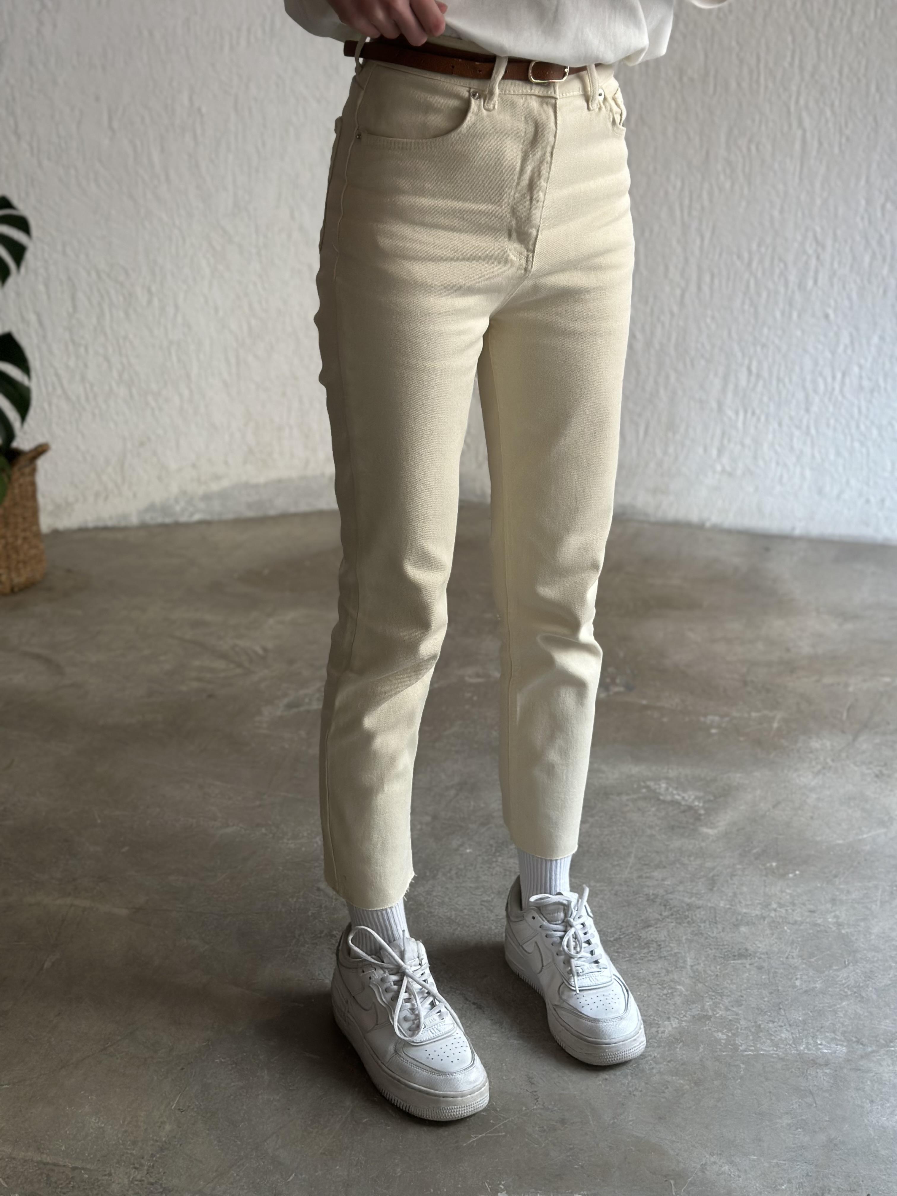 Crop Straight Fit Jean - Krem