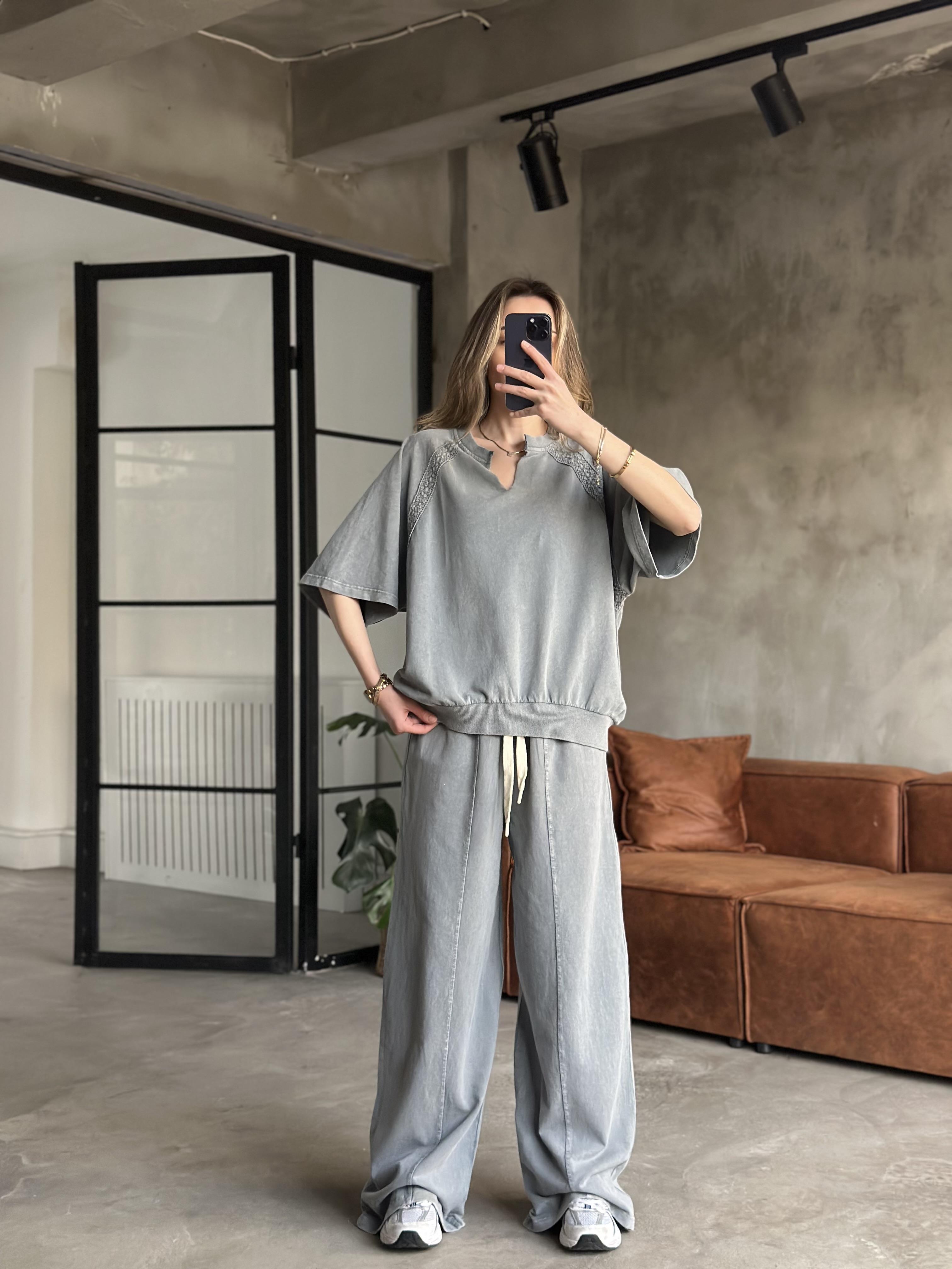 Dantel Detay Yıkamalı Oversize Takım -Gri