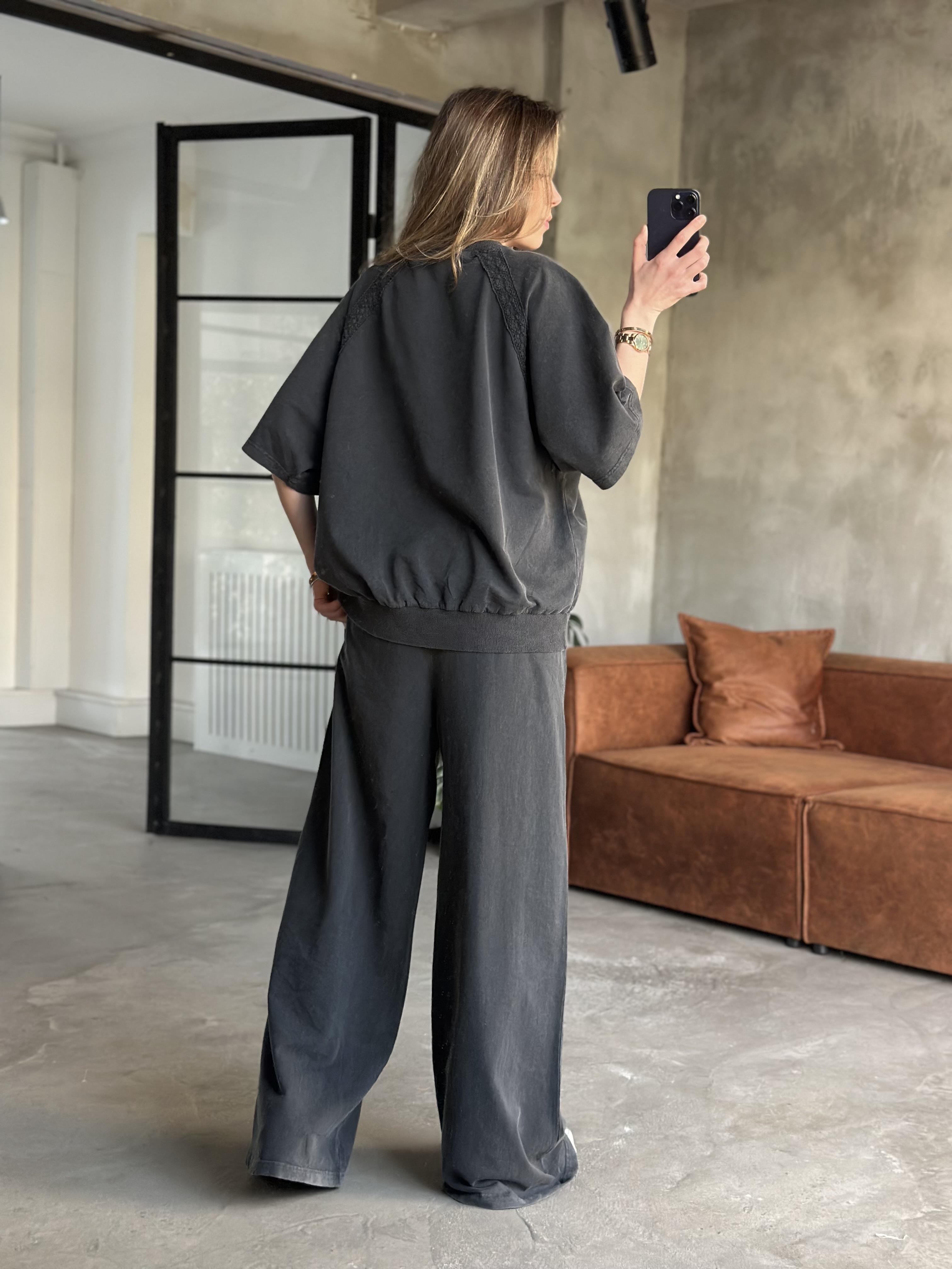 Dantel Detay Yıkamalı Oversize Takım - Siyah