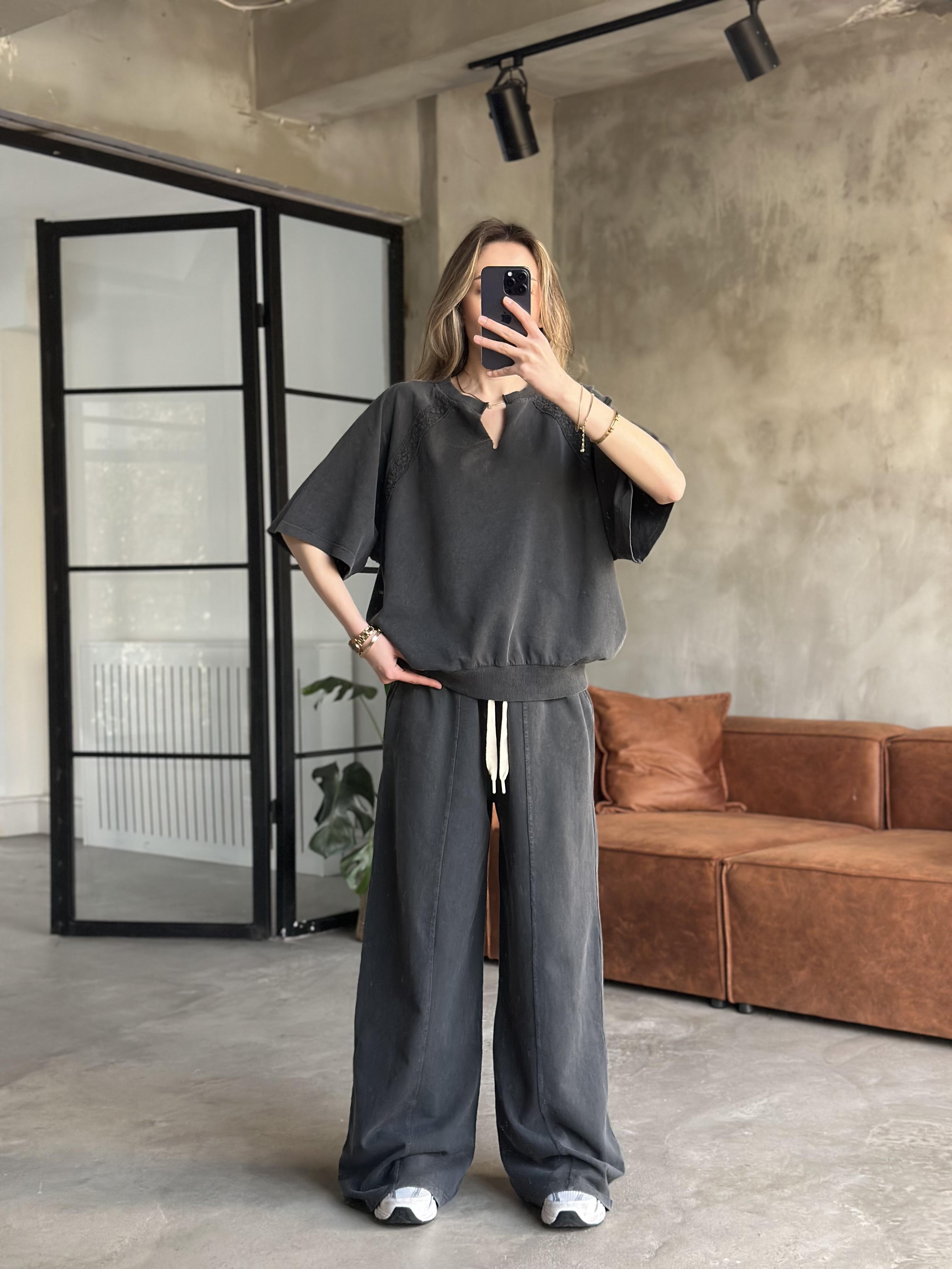 Dantel Detay Yıkamalı Oversize Takım - Siyah