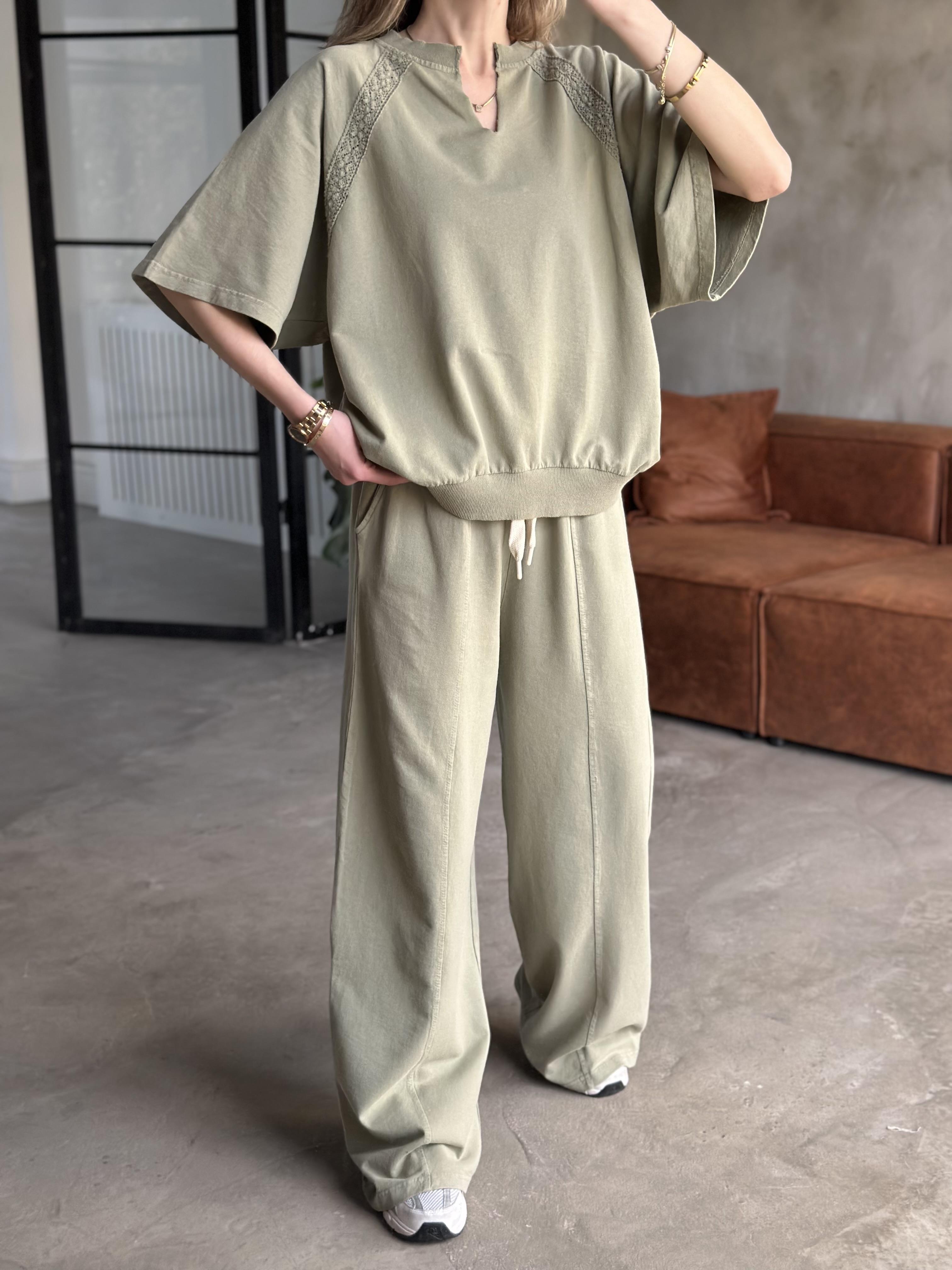 Dantel Detay Yıkamalı Oversize Takım - Yeşil