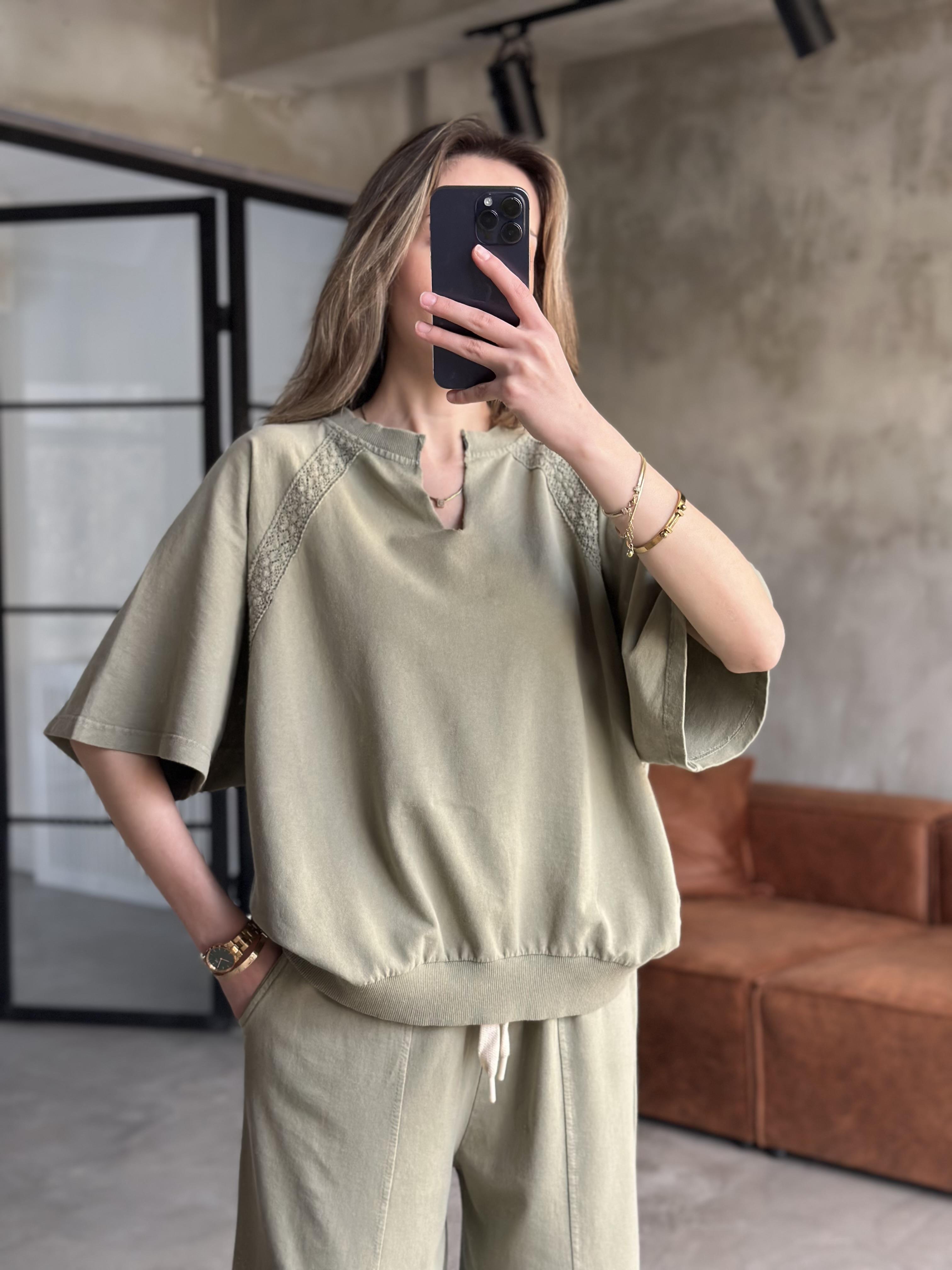 Dantel Detay Yıkamalı Oversize Takım - Yeşil
