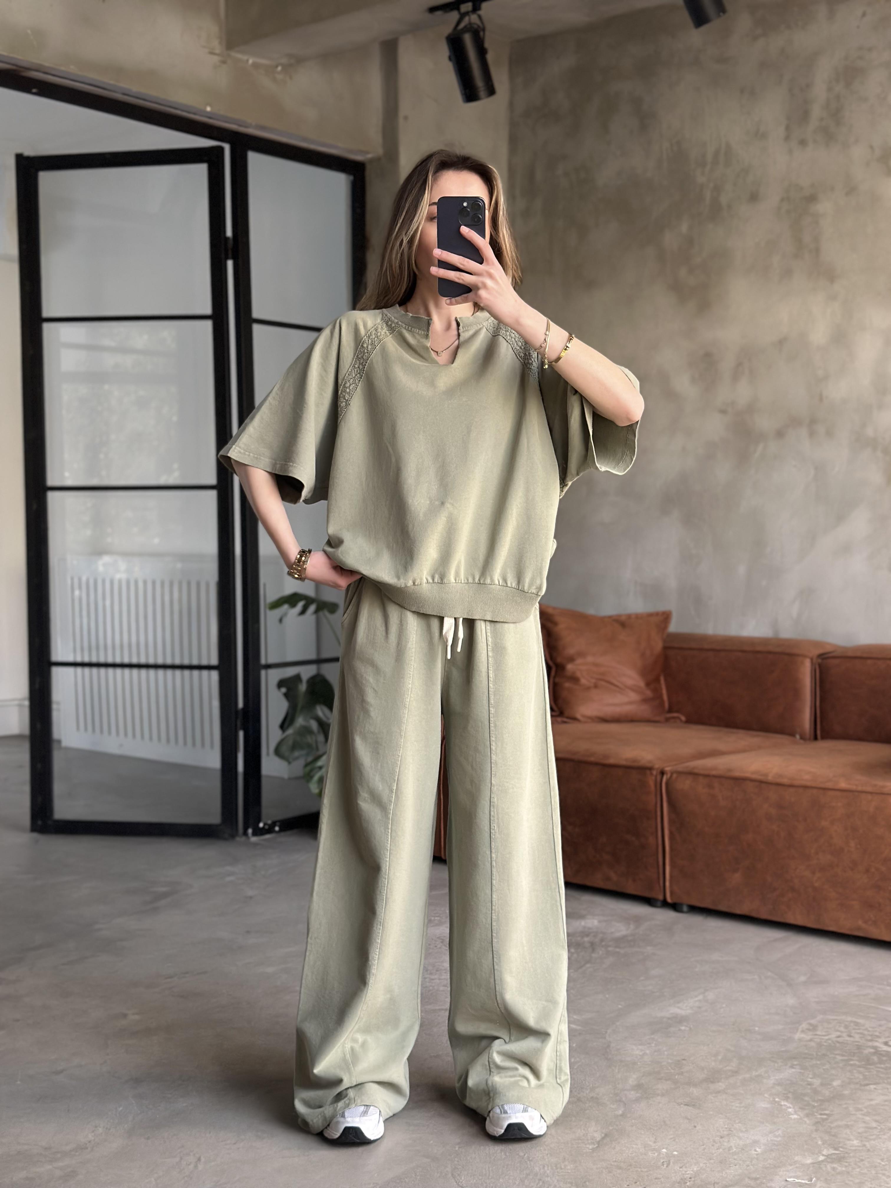 Dantel Detay Yıkamalı Oversize Takım - Yeşil