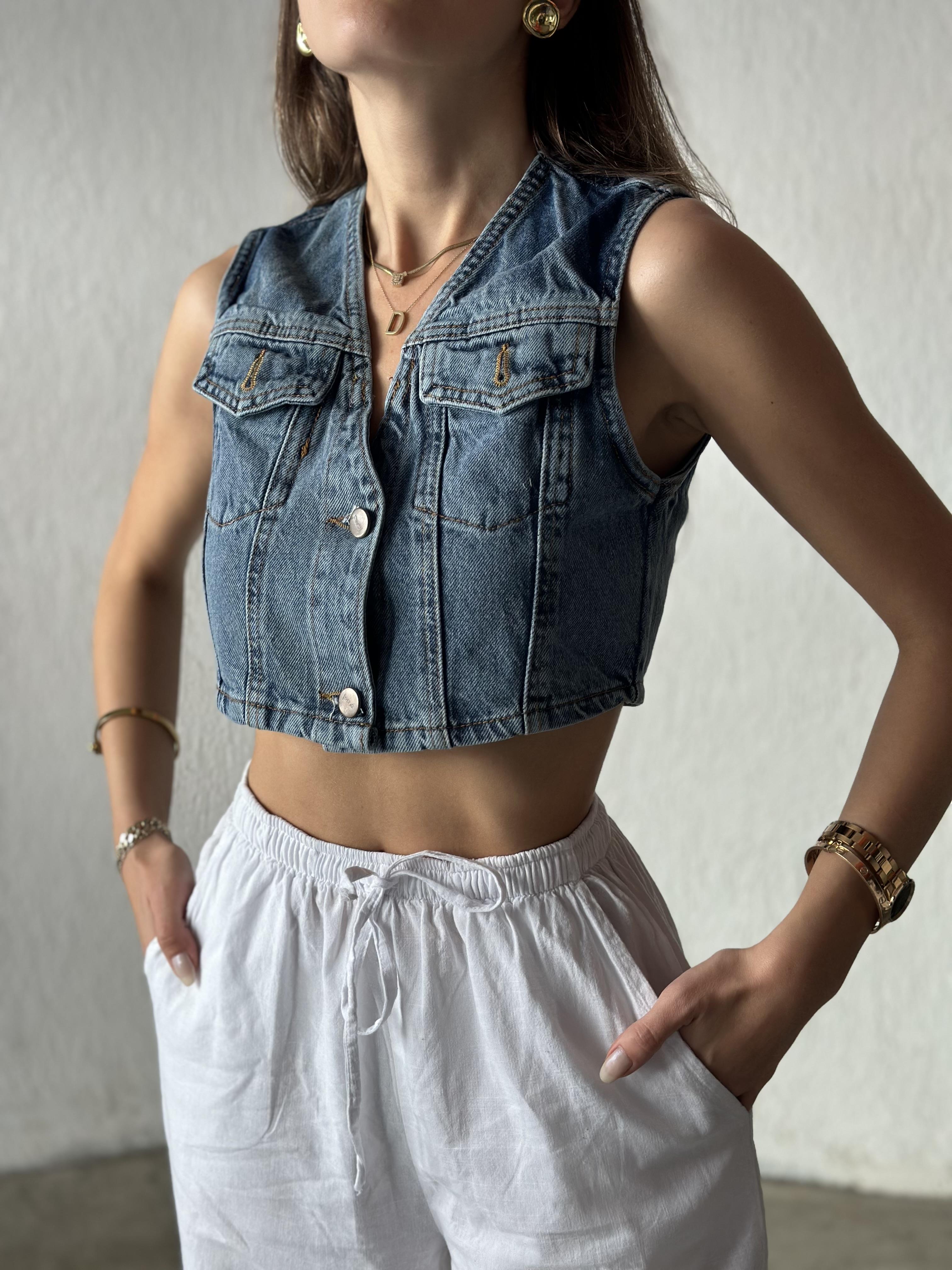Denim Crop Yelek