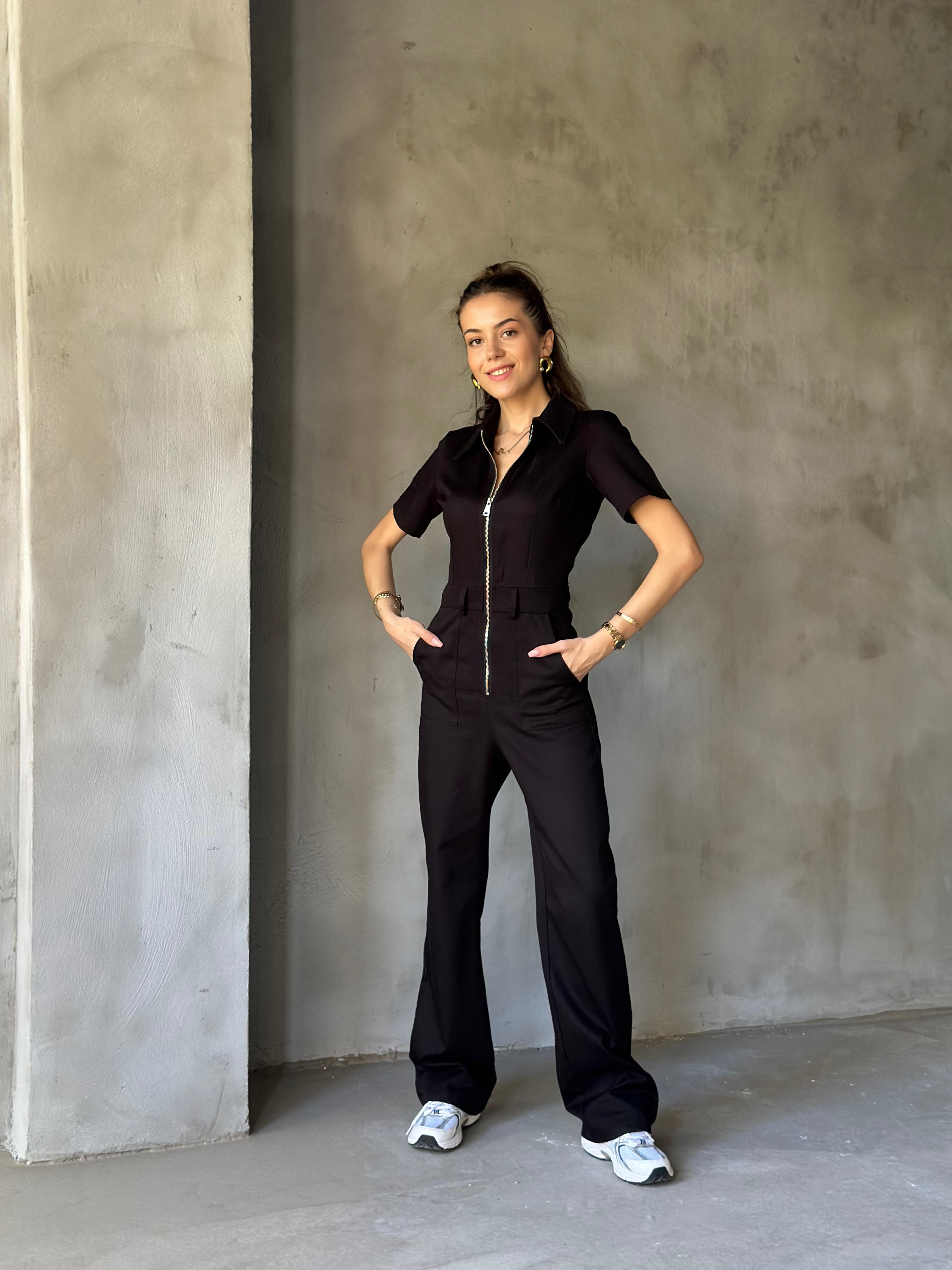 Denim Fermuar Detay Kısa Kollu Tulum - Siyah