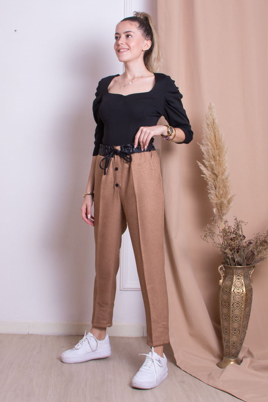 Deri Detaylı Pantolon - Camel