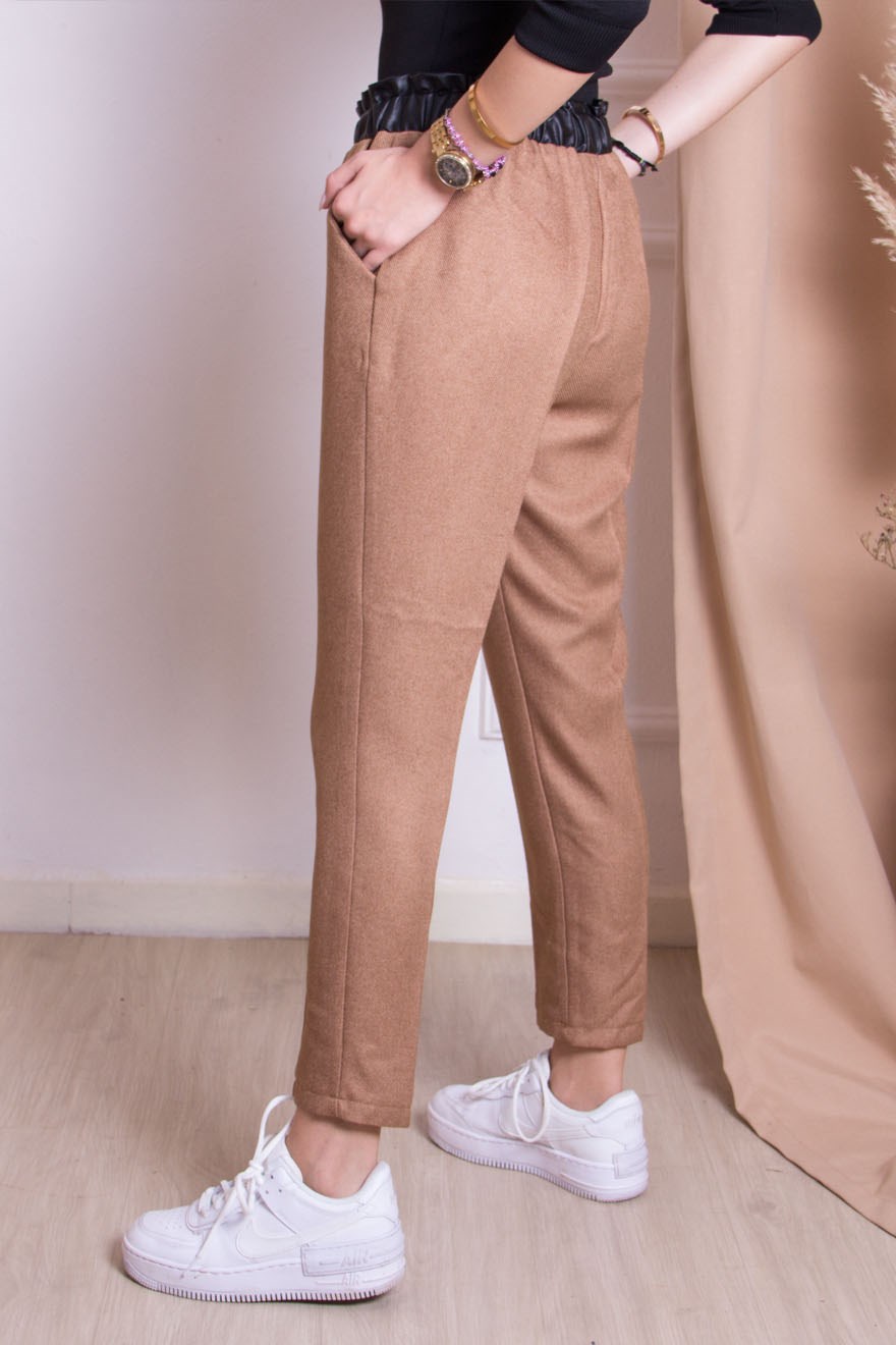 Deri Detaylı Pantolon - Camel