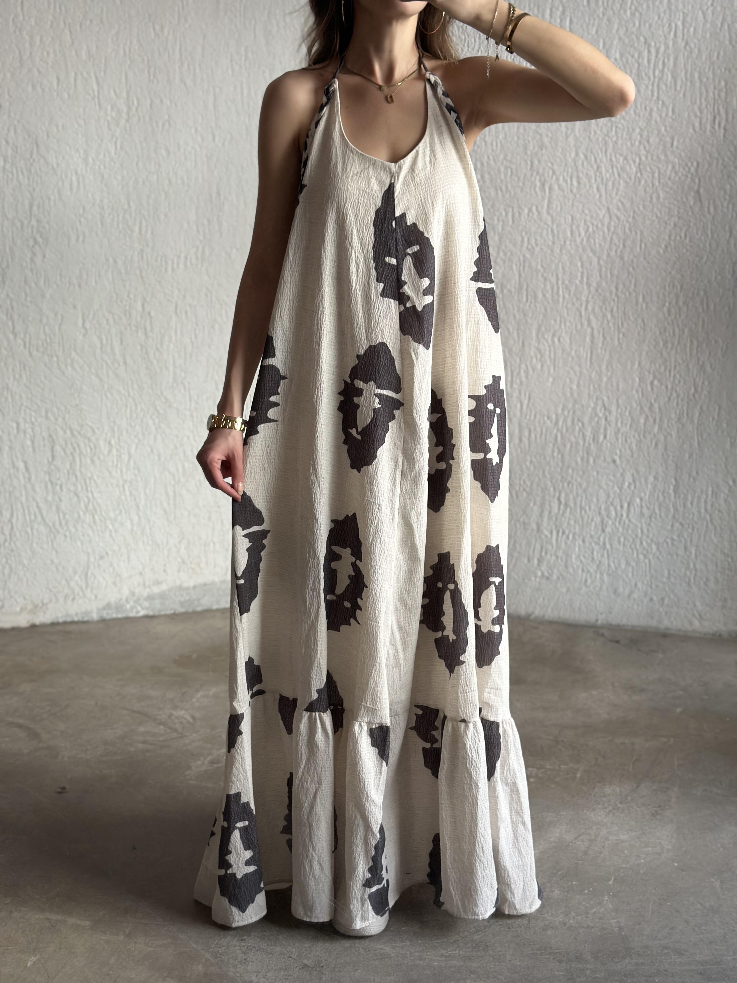 Desenli Maxi Gofre Elbise