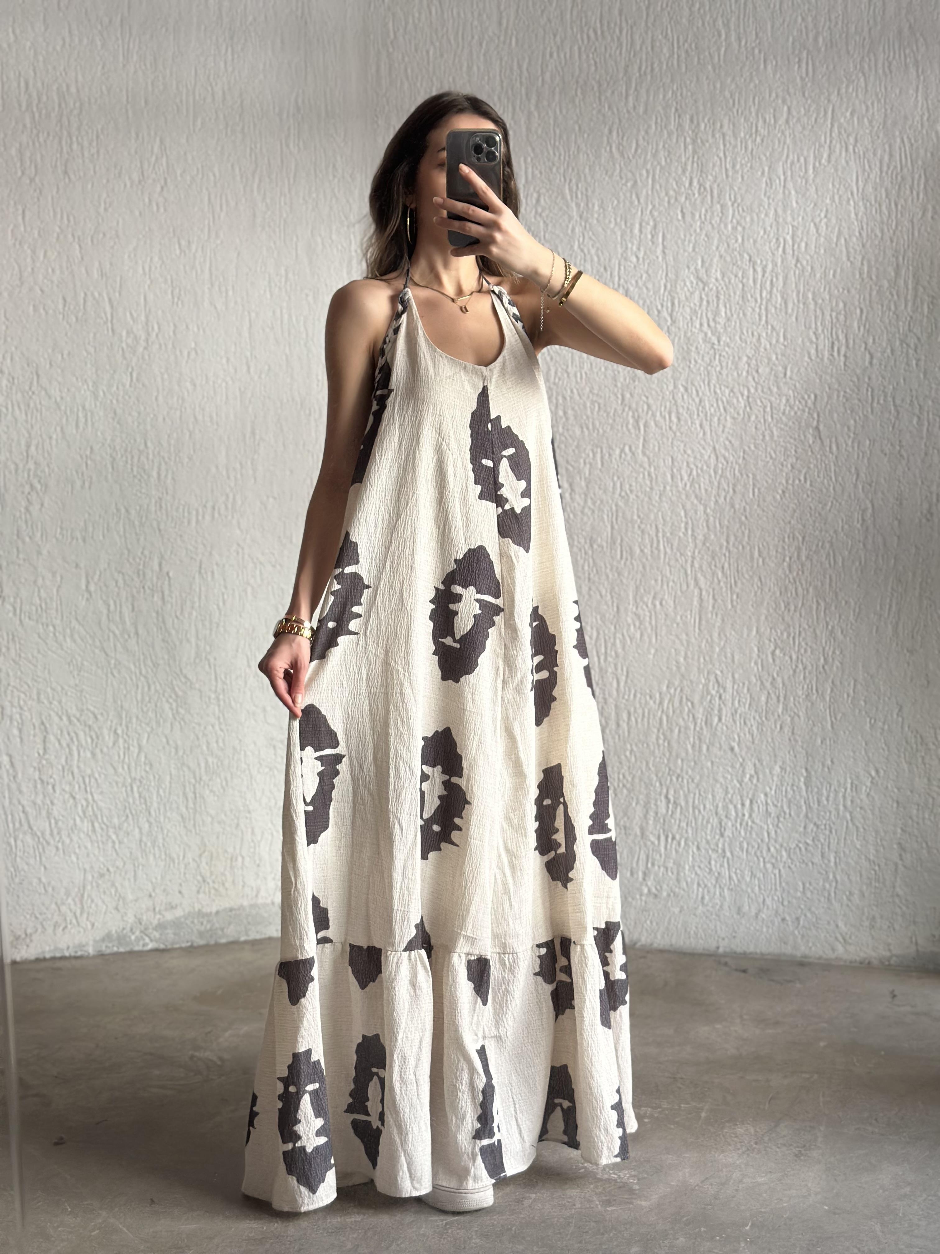 Desenli Maxi Gofre Elbise