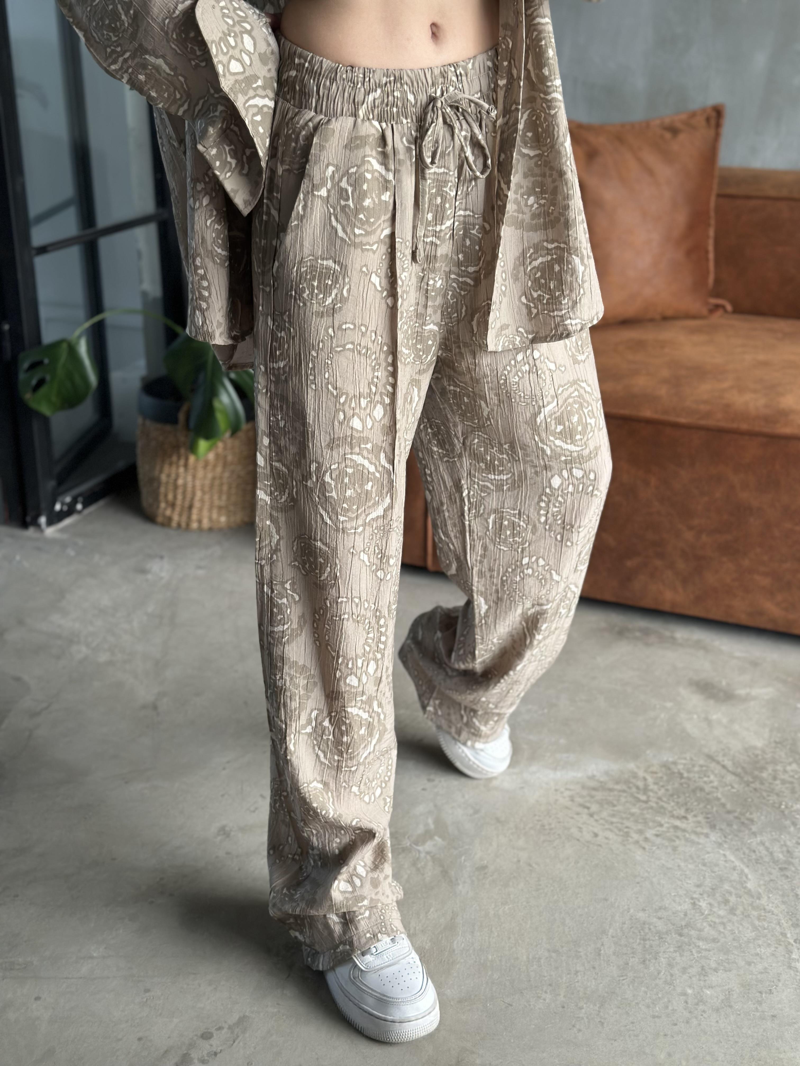 Desenli Tencel Oversize Gömlekli Takım - Krem