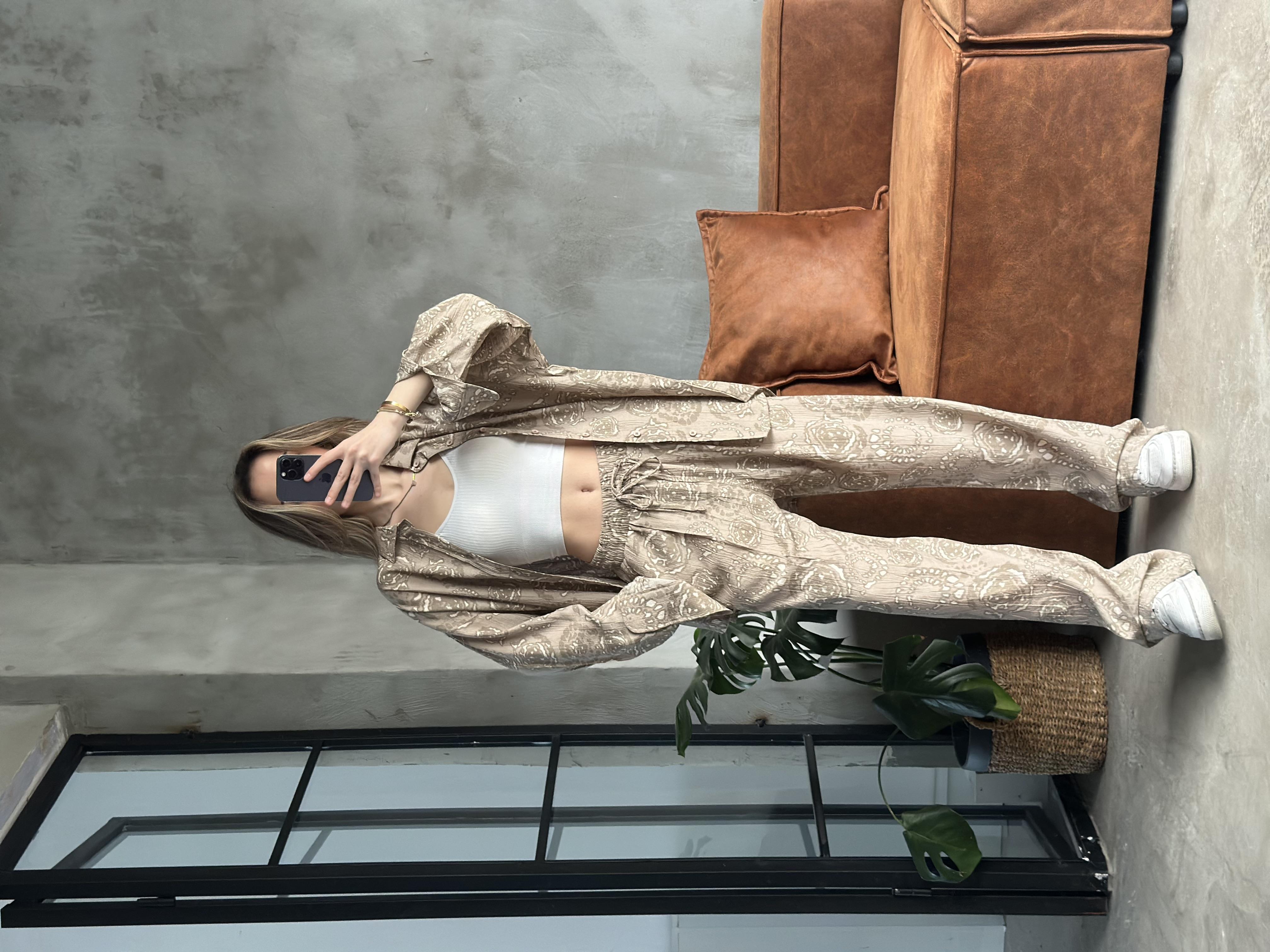 Desenli Tencel Oversize Gömlekli Takım - Krem