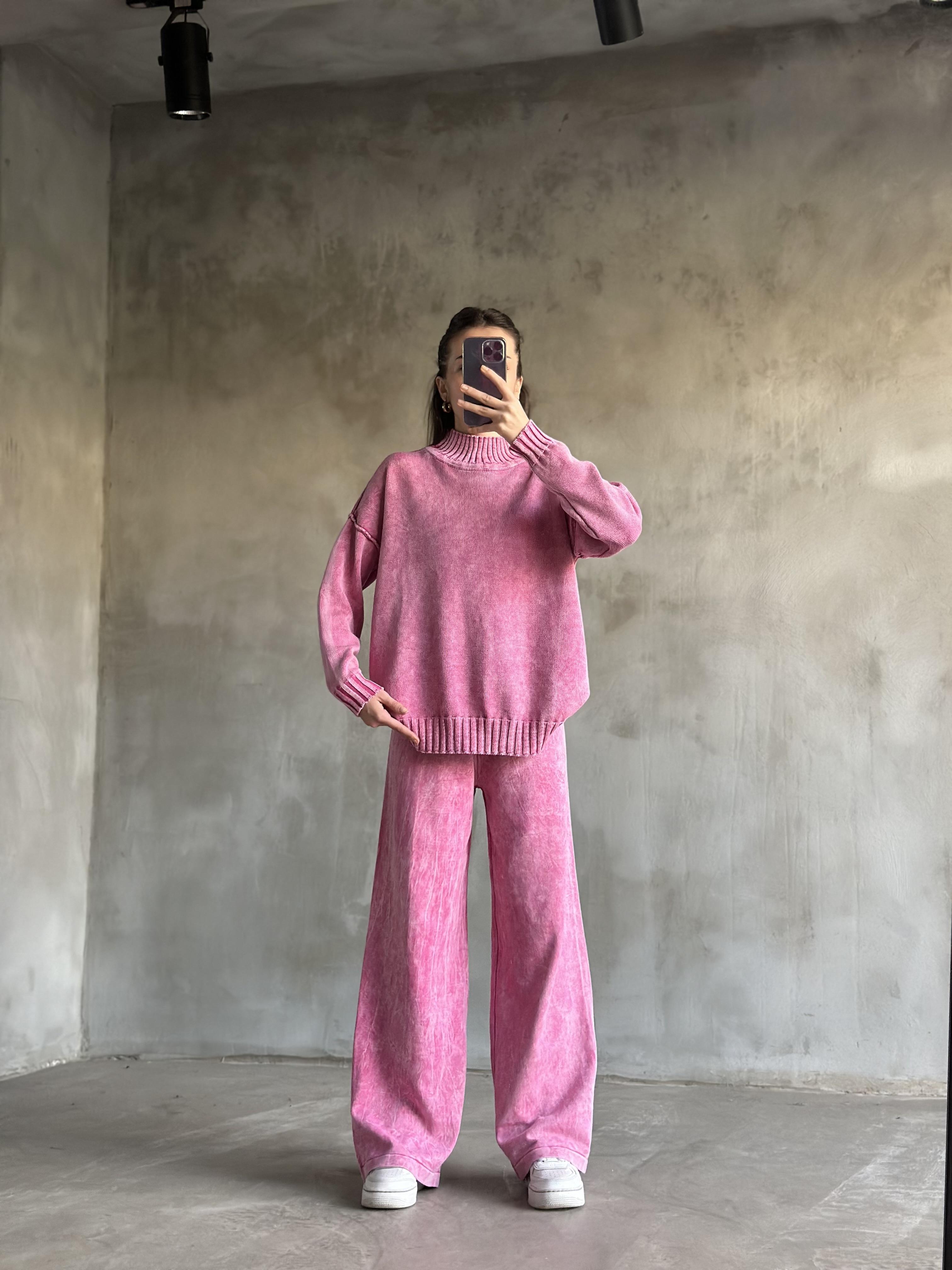 Domi Yıkamalı Triko Takım - Pembe