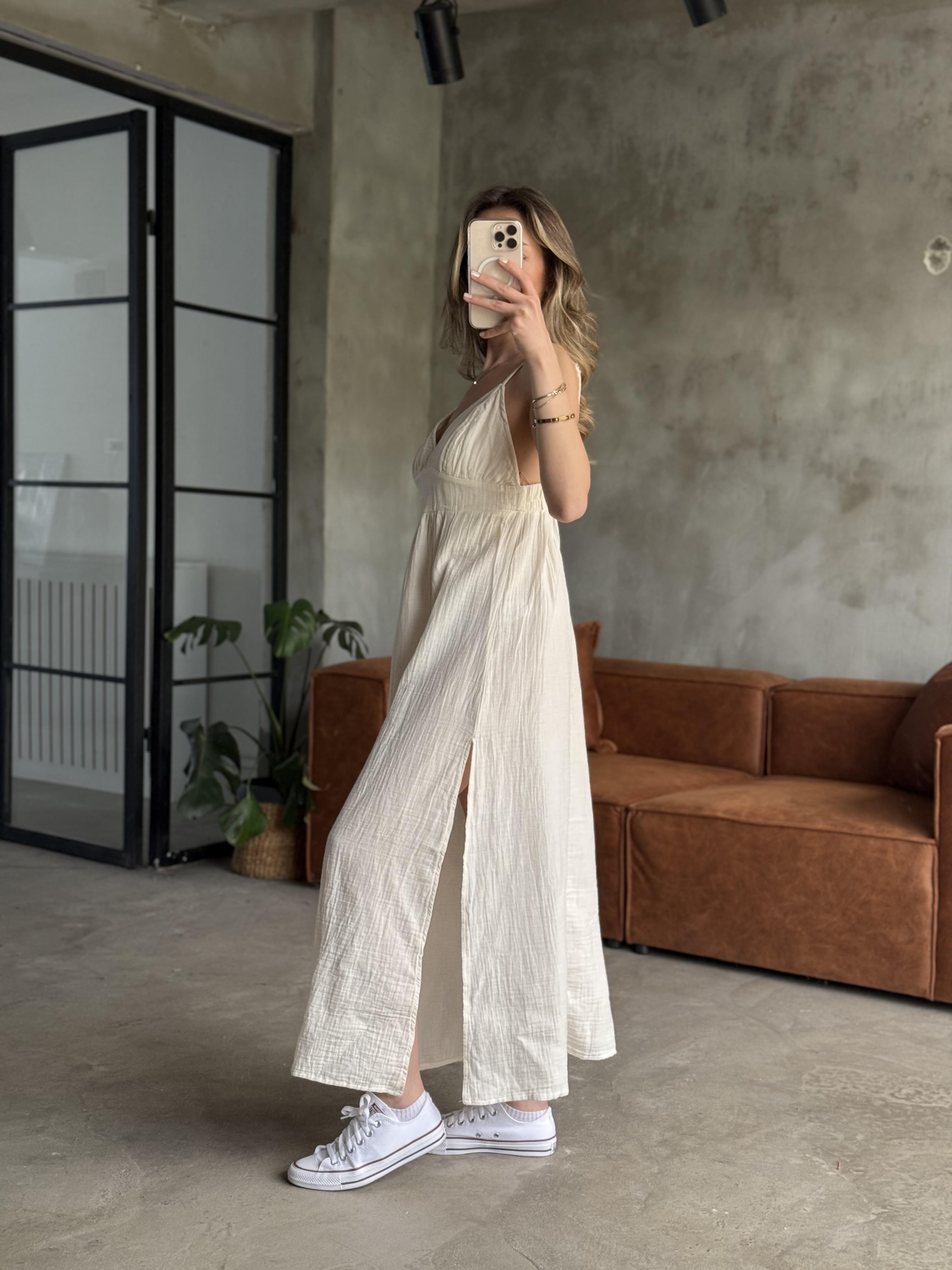 Ekru Lilyana Askılı Müslin Elbise