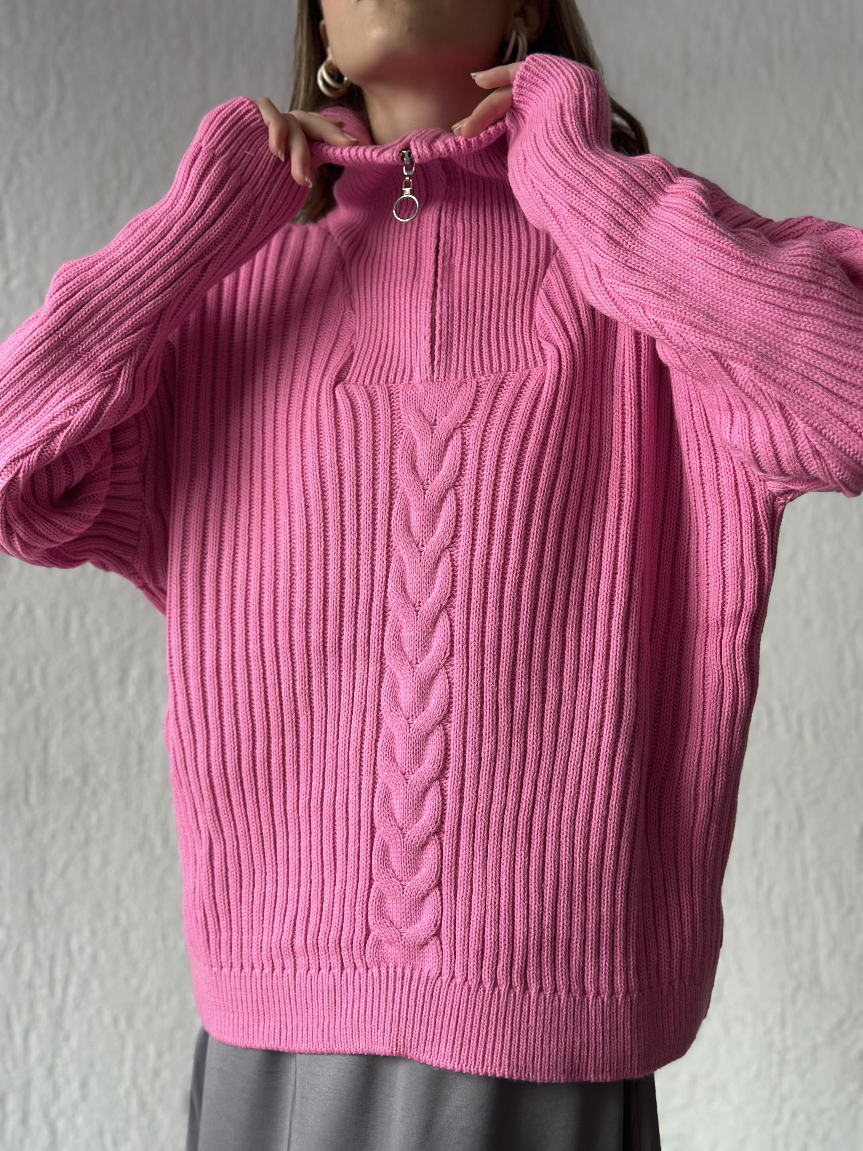Fermuarlı Boğazlı Örme Kazak - Pembe