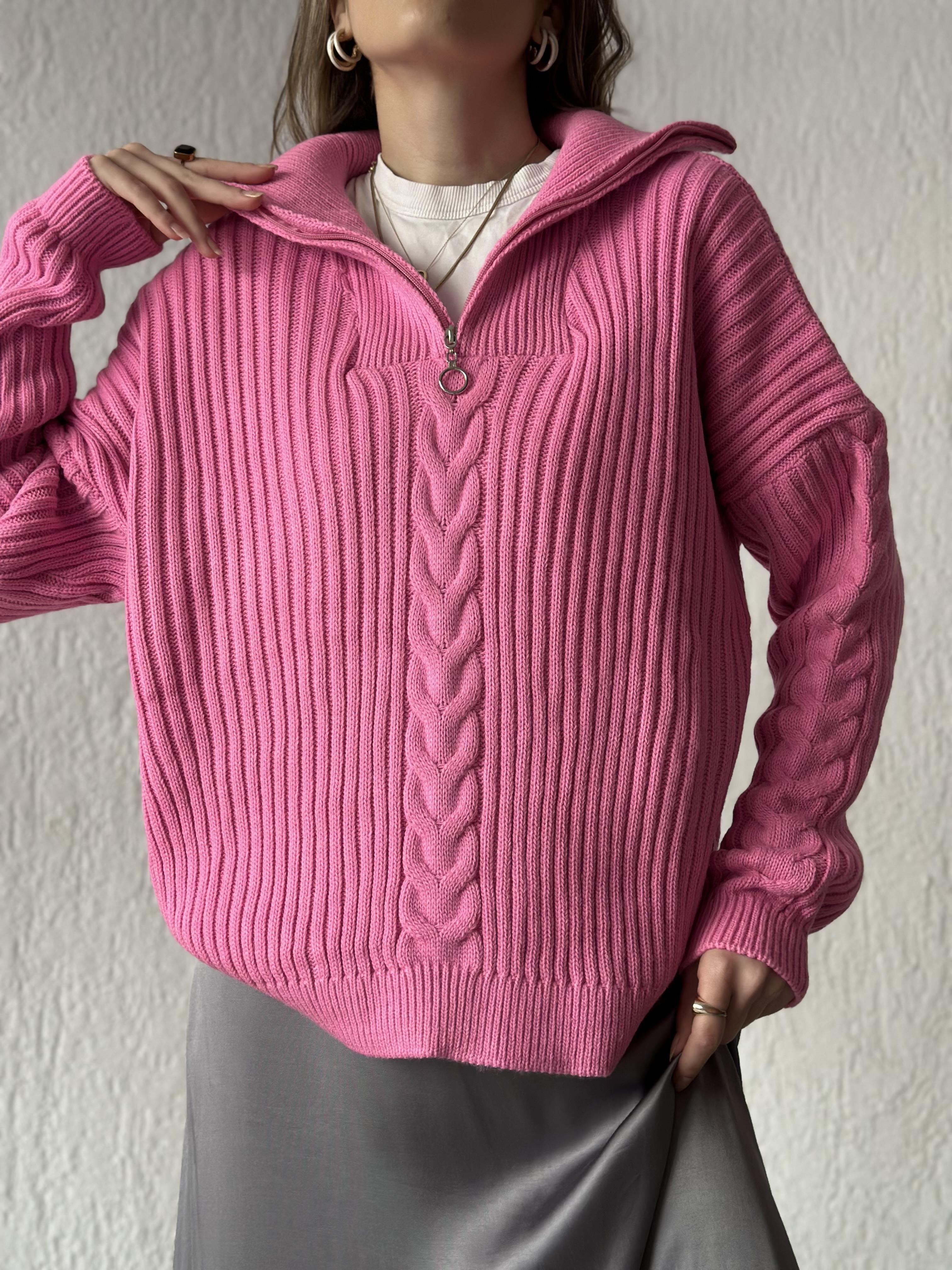 Fermuarlı Boğazlı Örme Kazak - Pembe