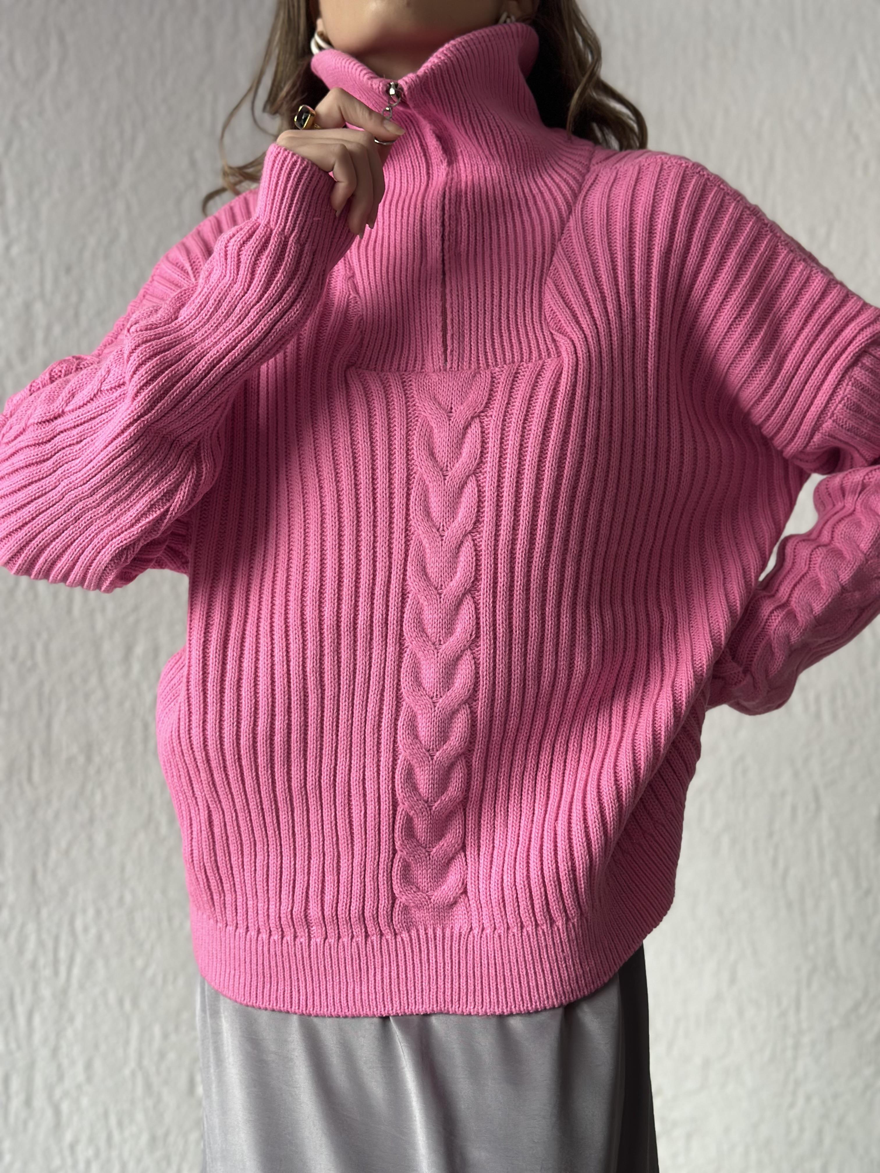 Fermuarlı Boğazlı Örme Kazak - Pembe