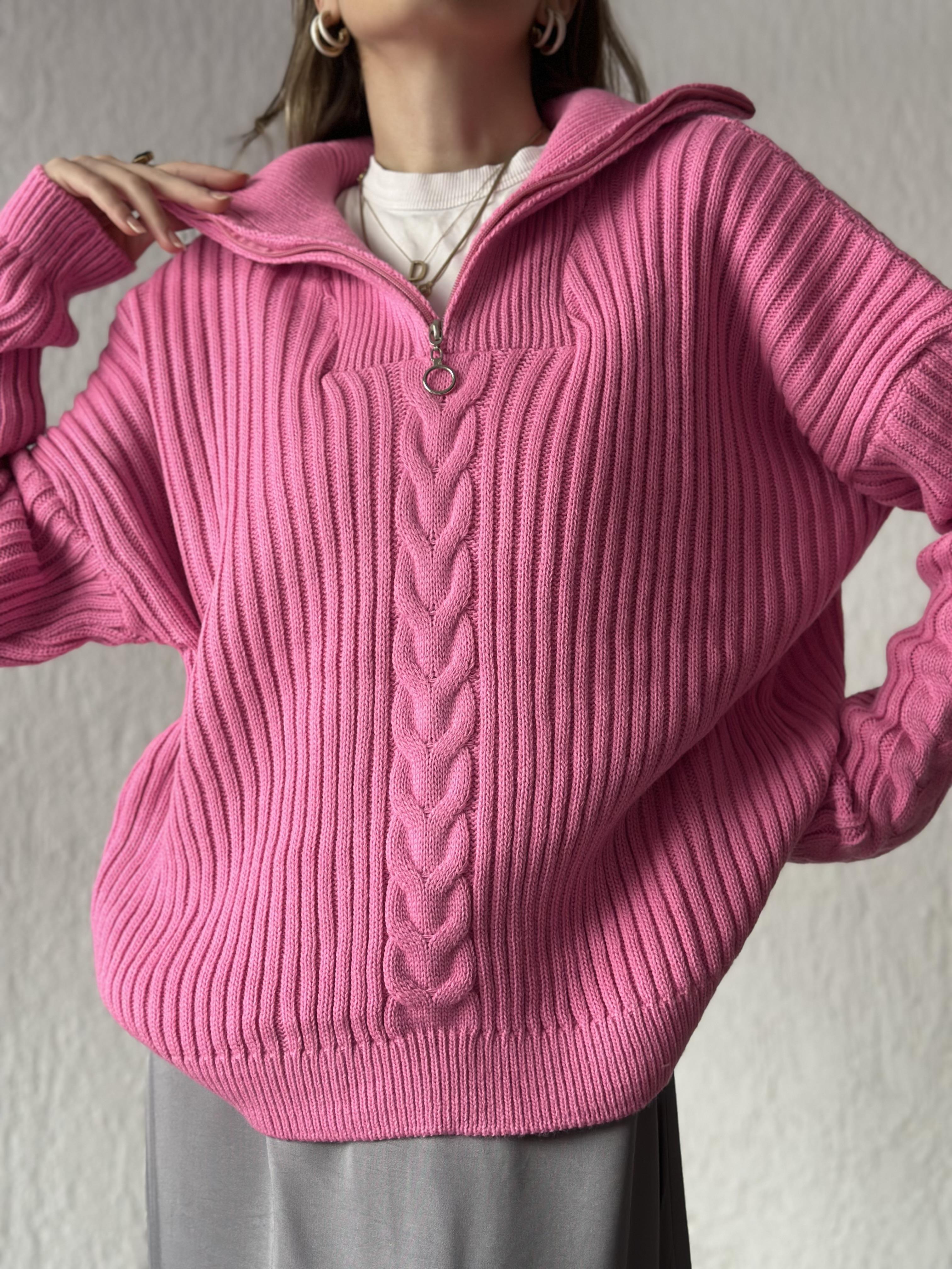 Fermuarlı Boğazlı Örme Kazak - Pembe