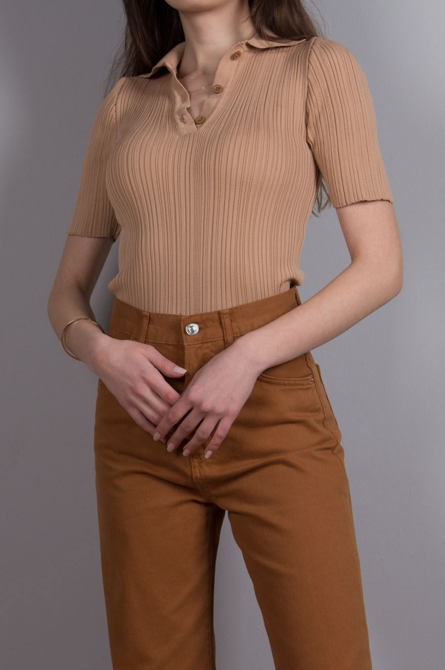 Fitilli Triko Kısa Kollu Top - Camel