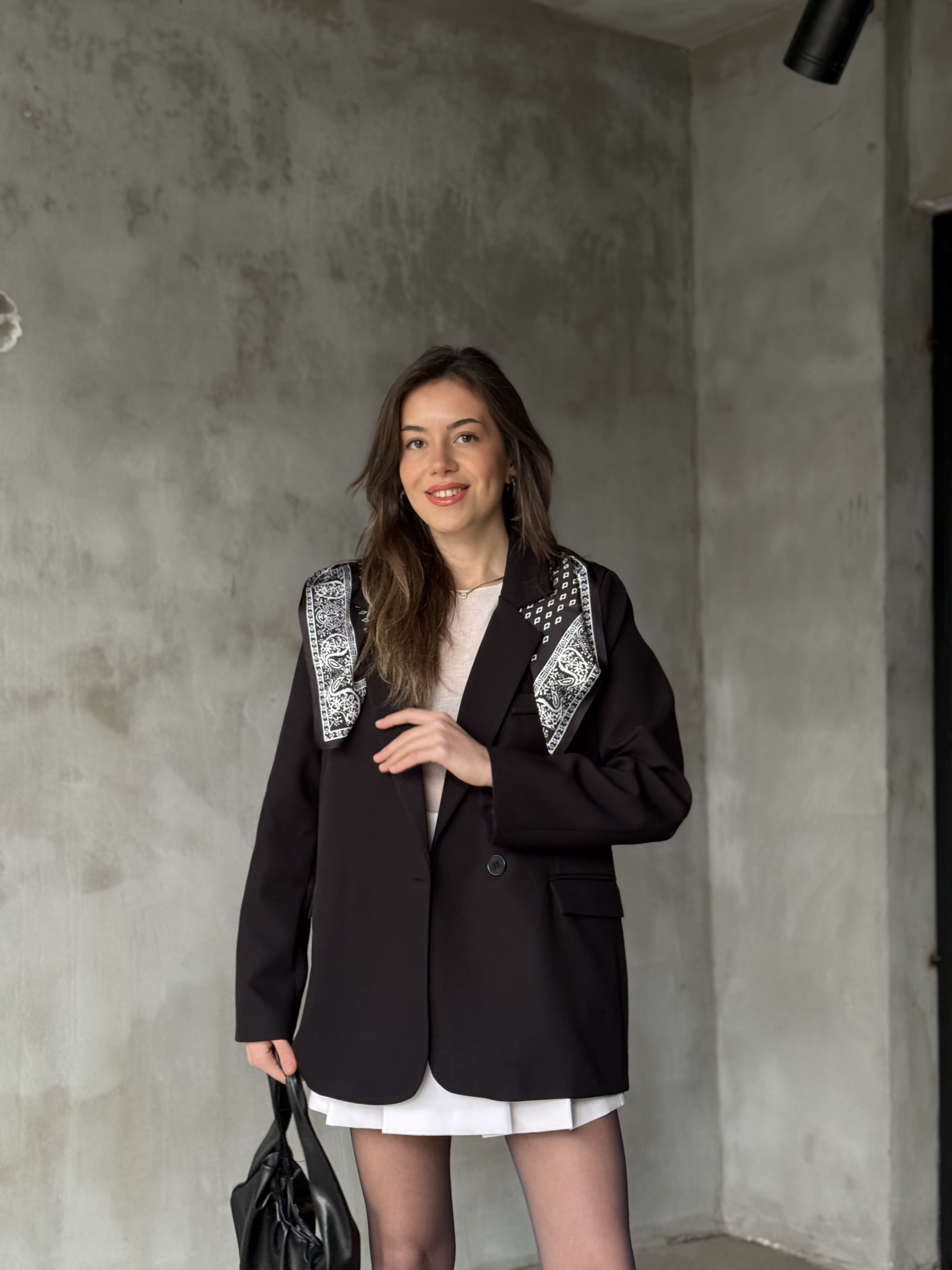 Fularlı Kruvaze Blazer Ceket - Siyah