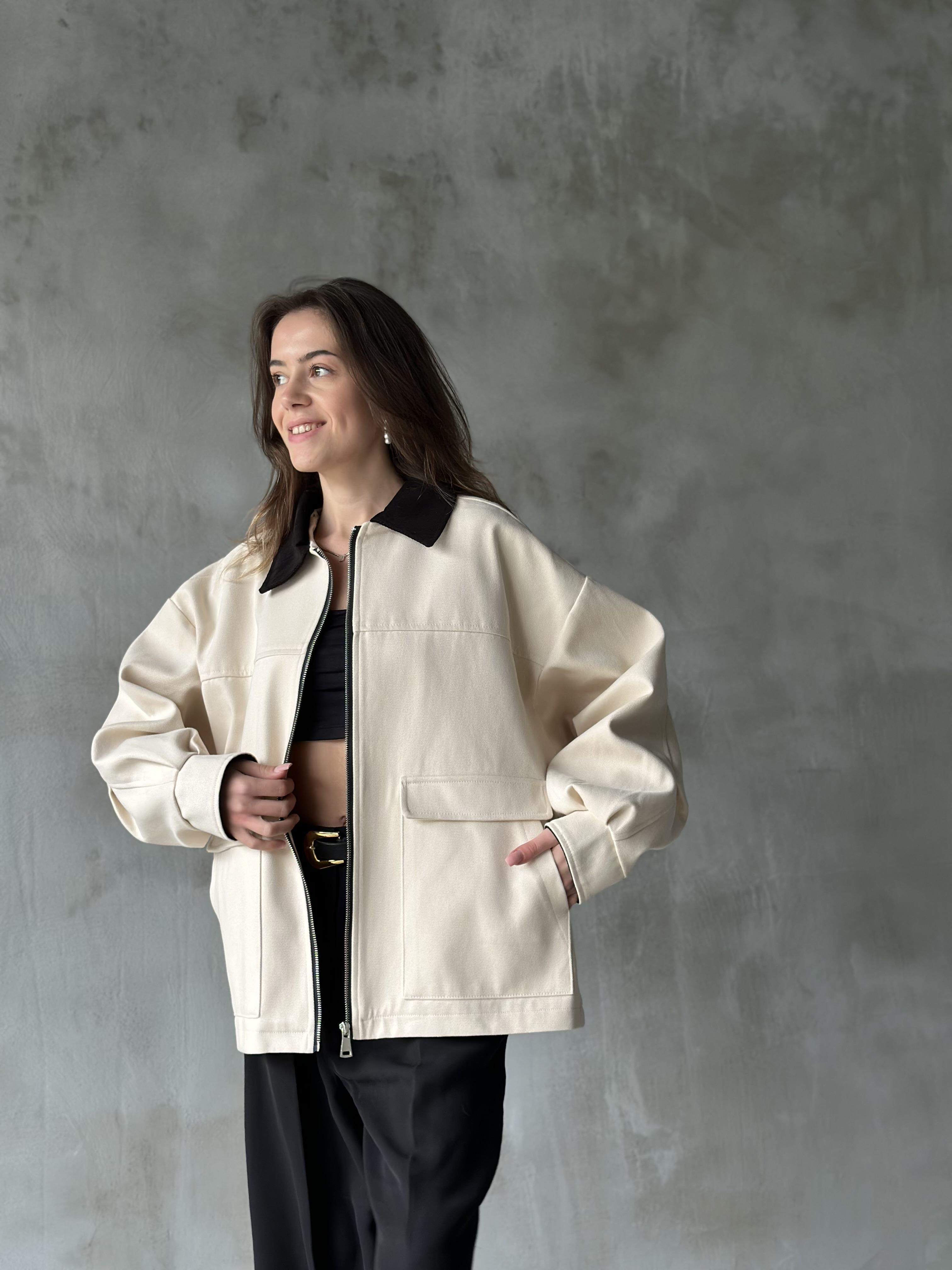 Gabardin Astarlı Kadife Yaka Ceket - Bej