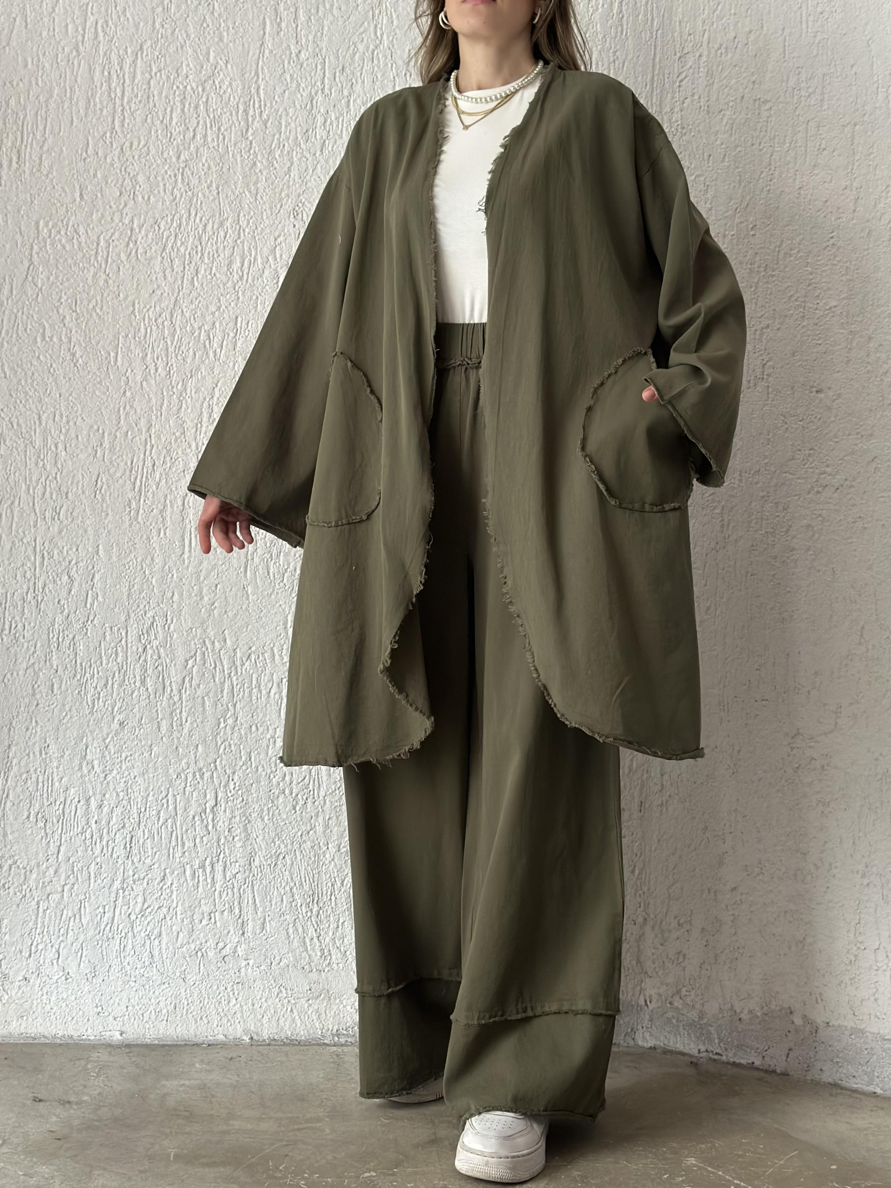 Gabardin Kimono Pantolon İkili Takım - Haki