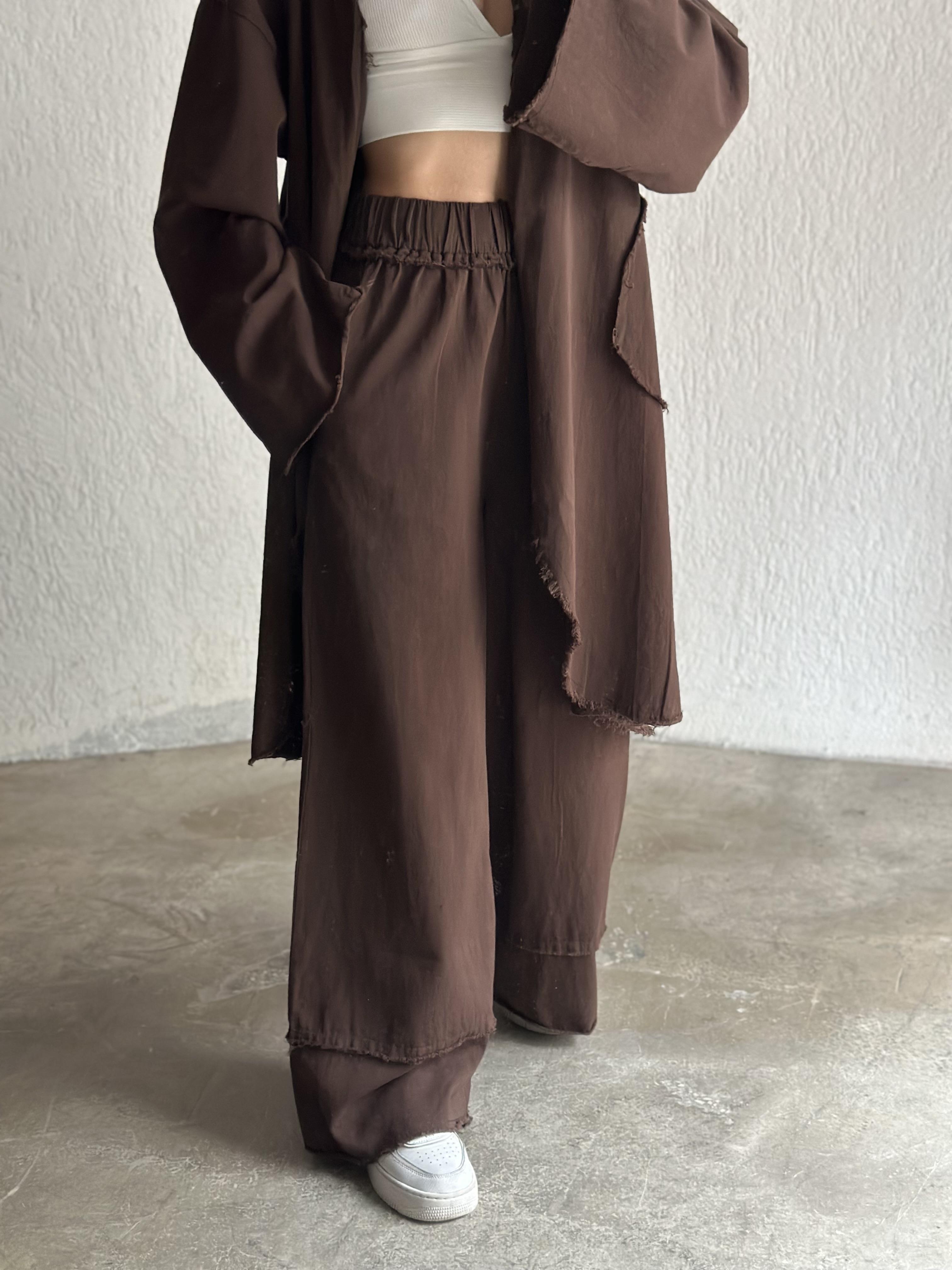 Gabardin Kimono Pantolon İkili Takım - Kahverengi