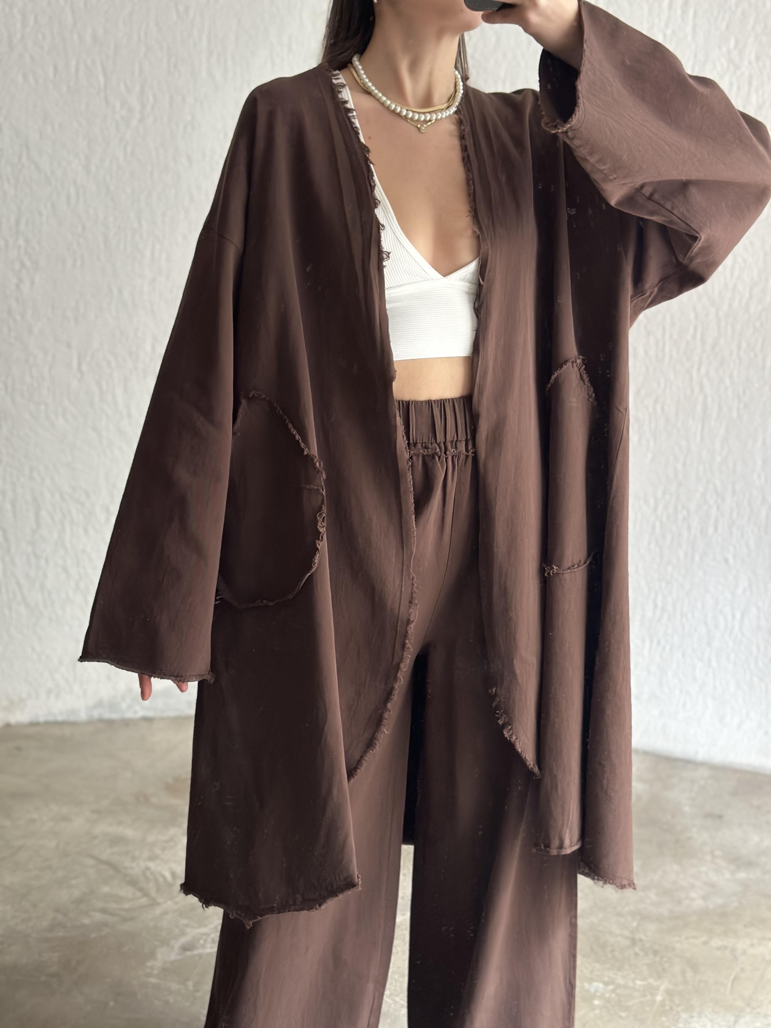 Gabardin Kimono Pantolon İkili Takım - Kahverengi