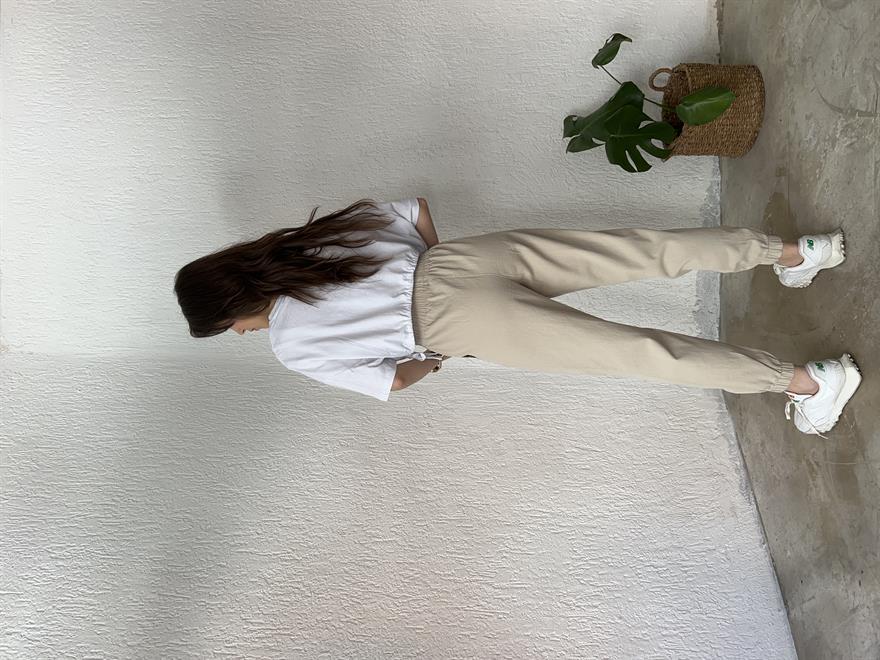 Gabardin Paça Lastikli Pantolon - Bej