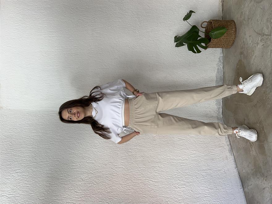 Gabardin Paça Lastikli Pantolon - Bej