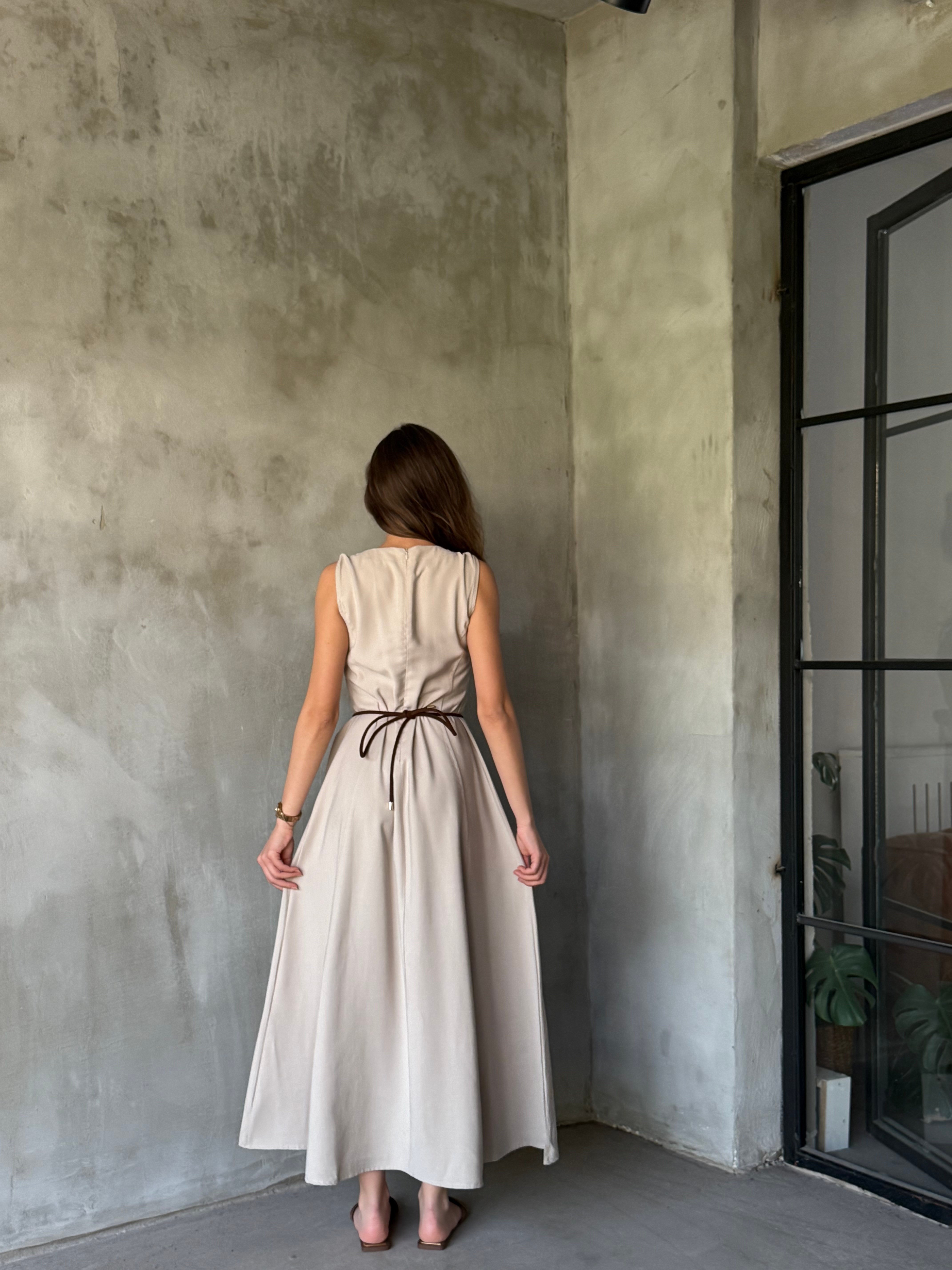 Gabardin Tensel Maxi Mini Çantalı Elbise - Taş