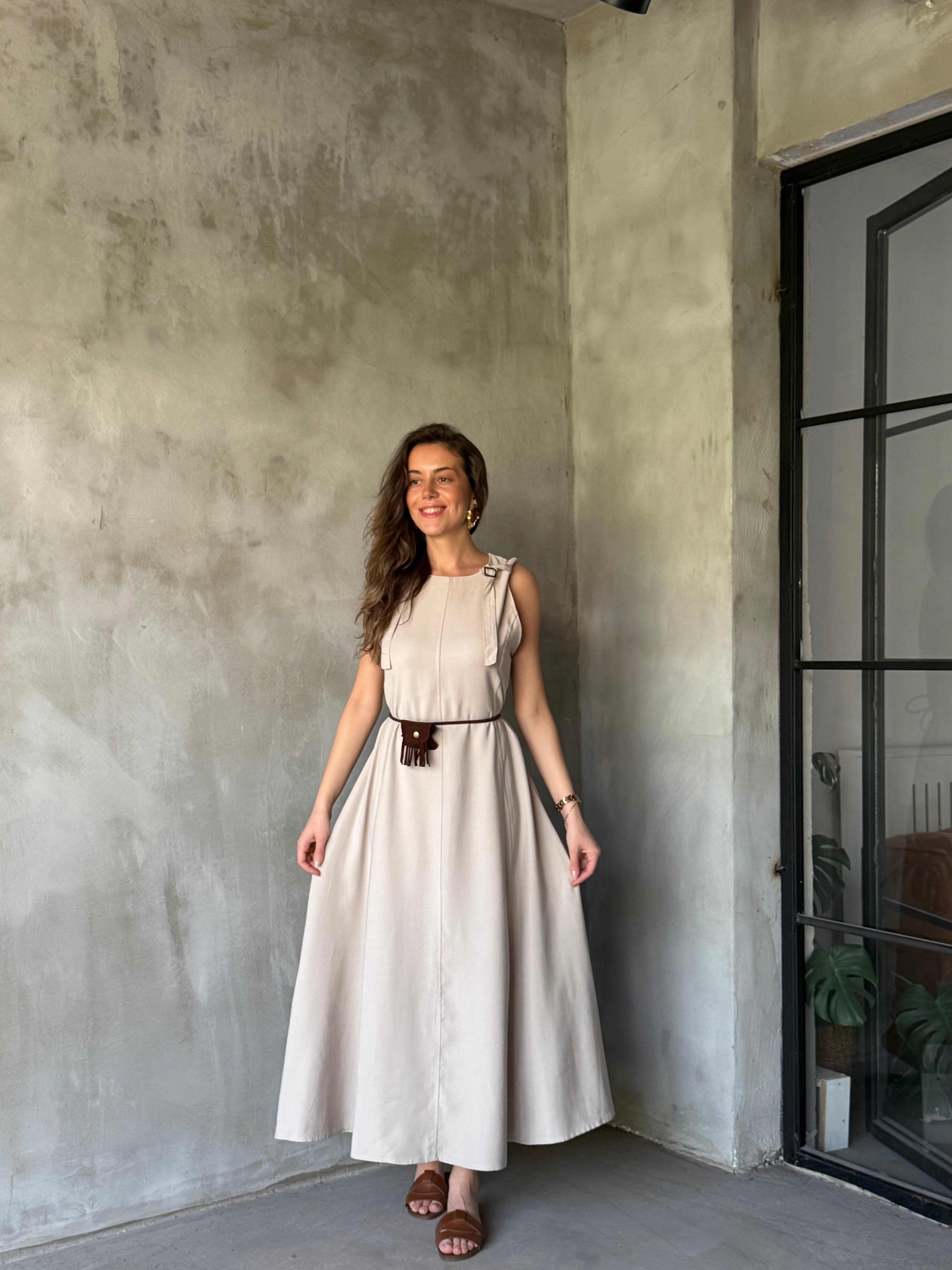 Gabardin Tensel Maxi Mini Çantalı Elbise - Taş