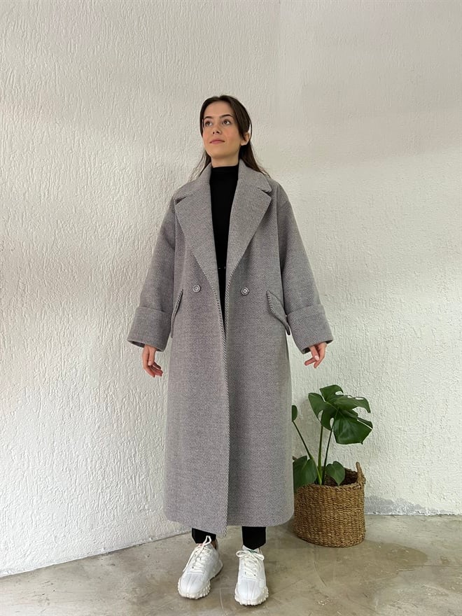 Geniş Manşetli Kruvaze Yaka Premium Kaban - Gri