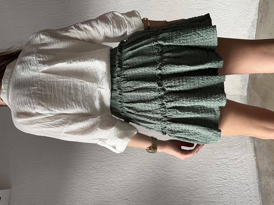 Gofre Katlı Mini Etek - Yeşil