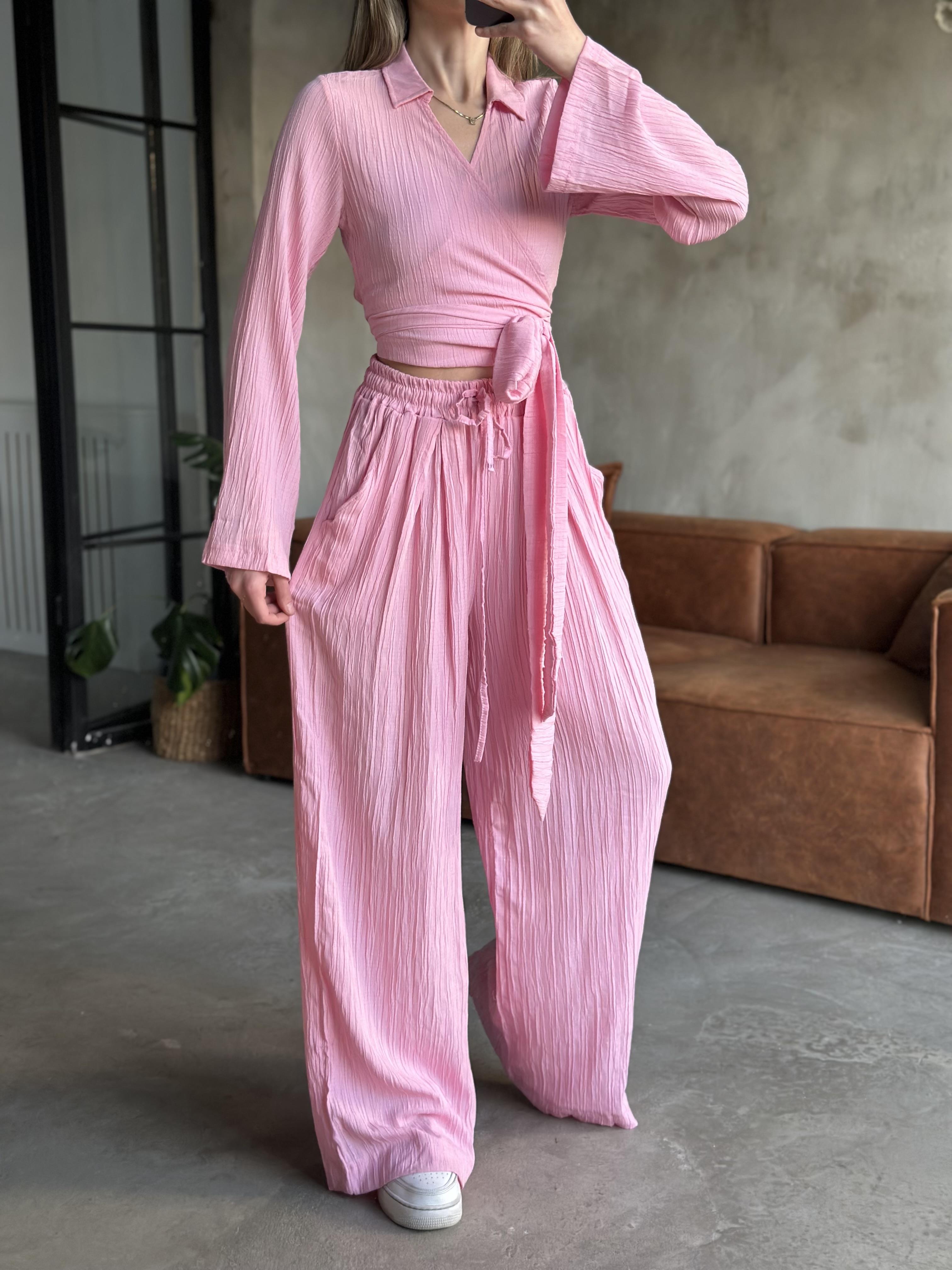 Gofre Salaş Pantolon Kruvaze Bluz Takım- Pembe