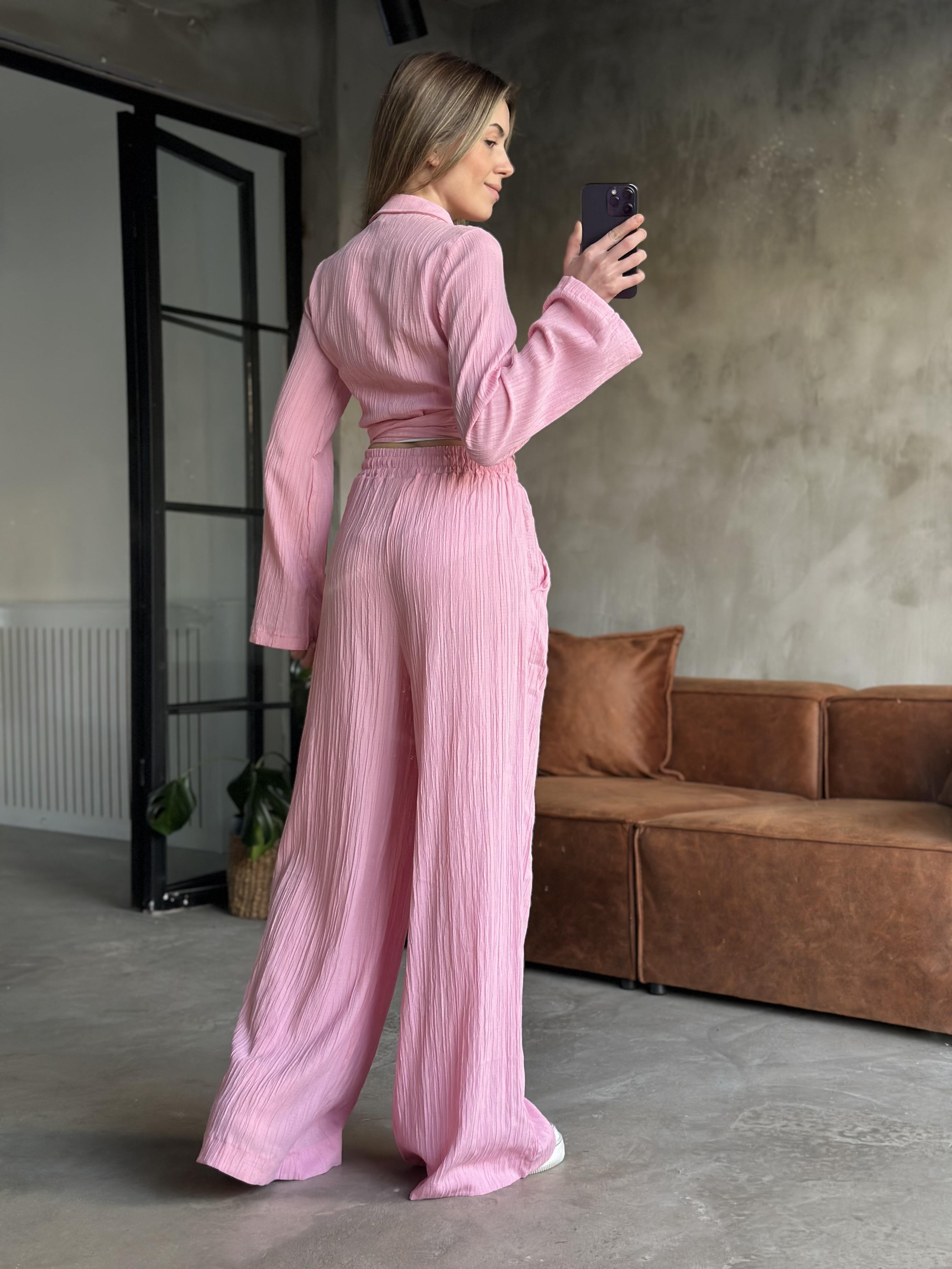 Gofre Salaş Pantolon Kruvaze Bluz Takım- Pembe