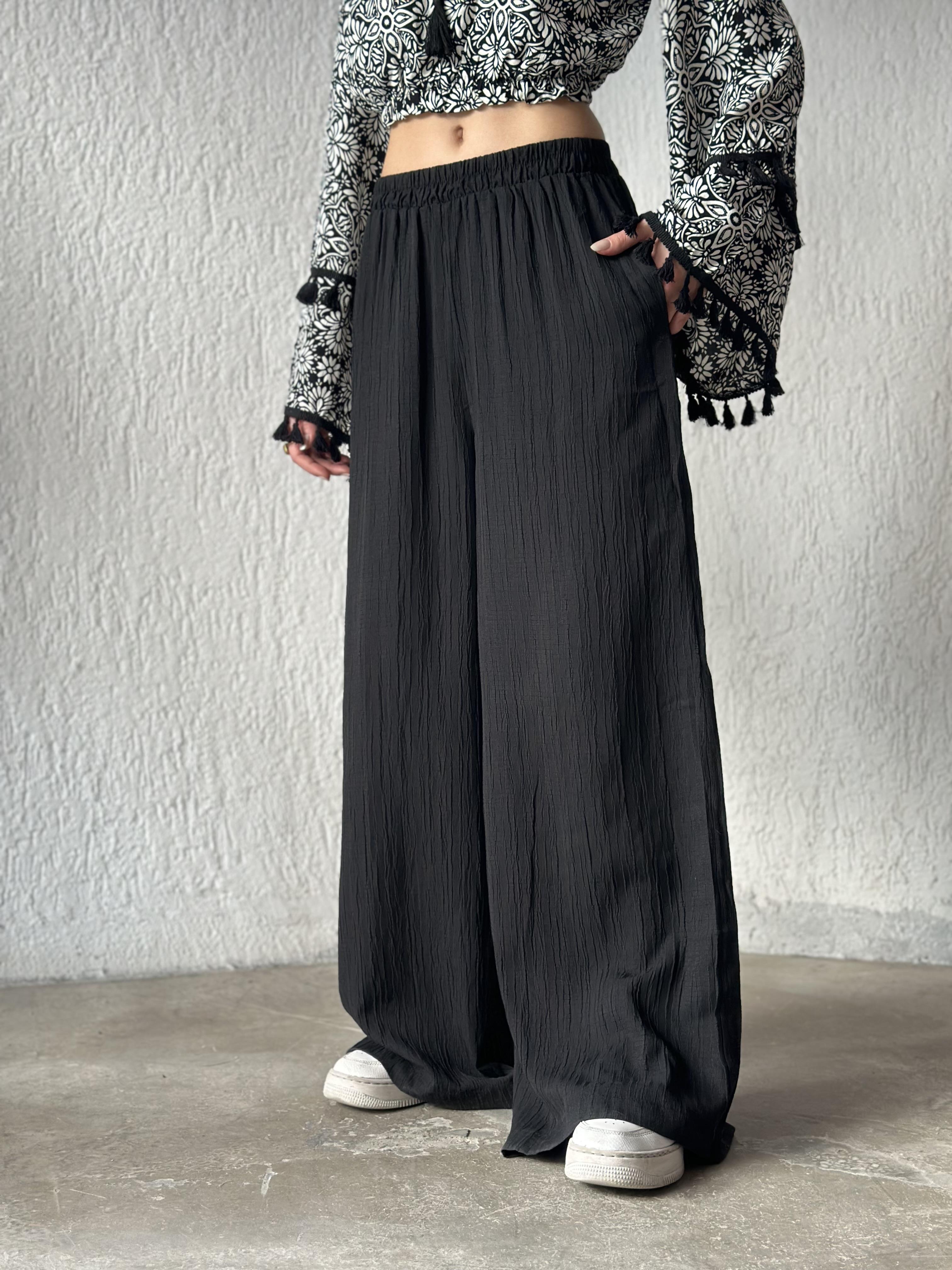 Gofre Salaş Pantolon - Siyah - Dominatrend