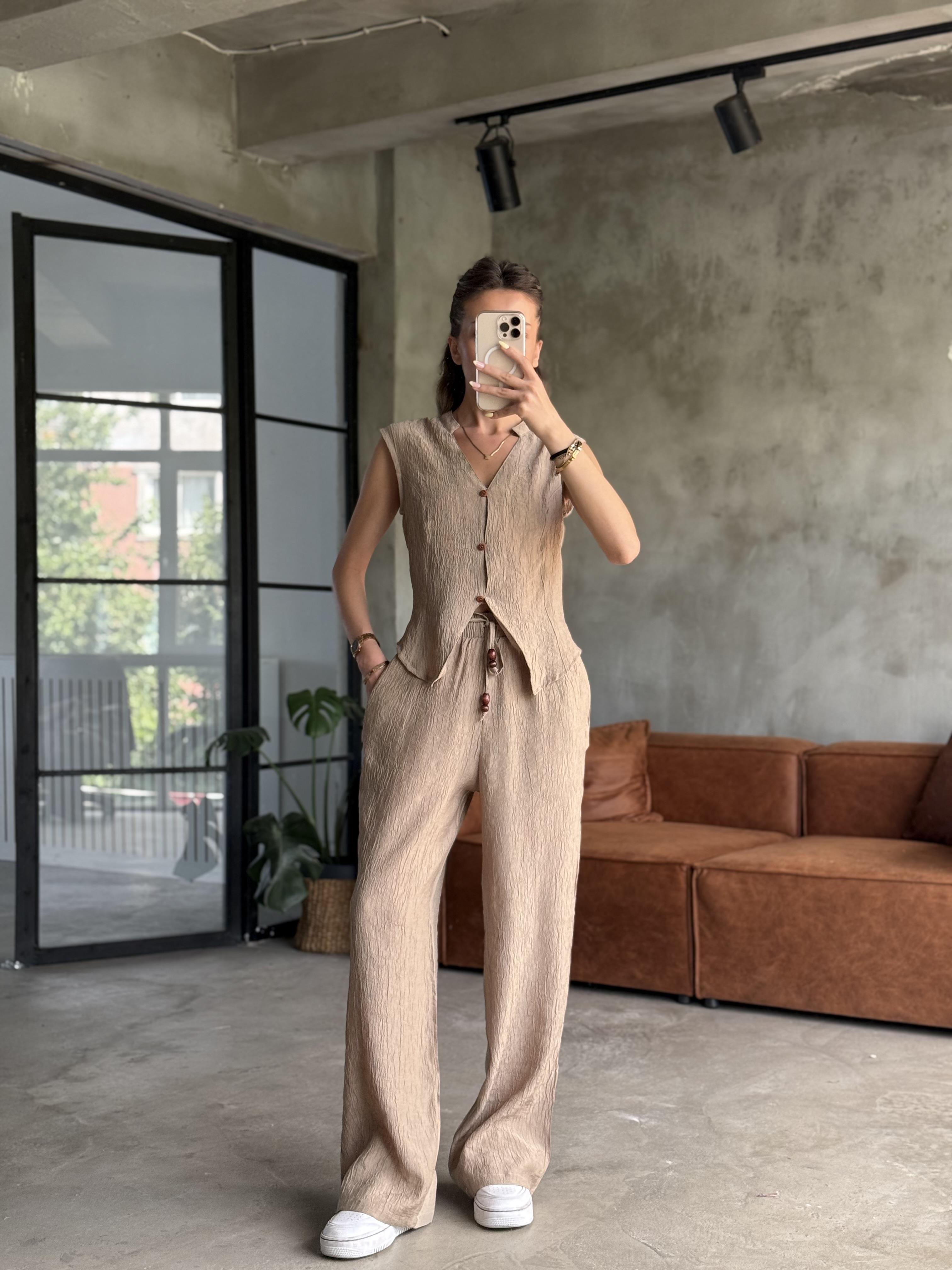Gofre Yelek Pantolon Takım Camel