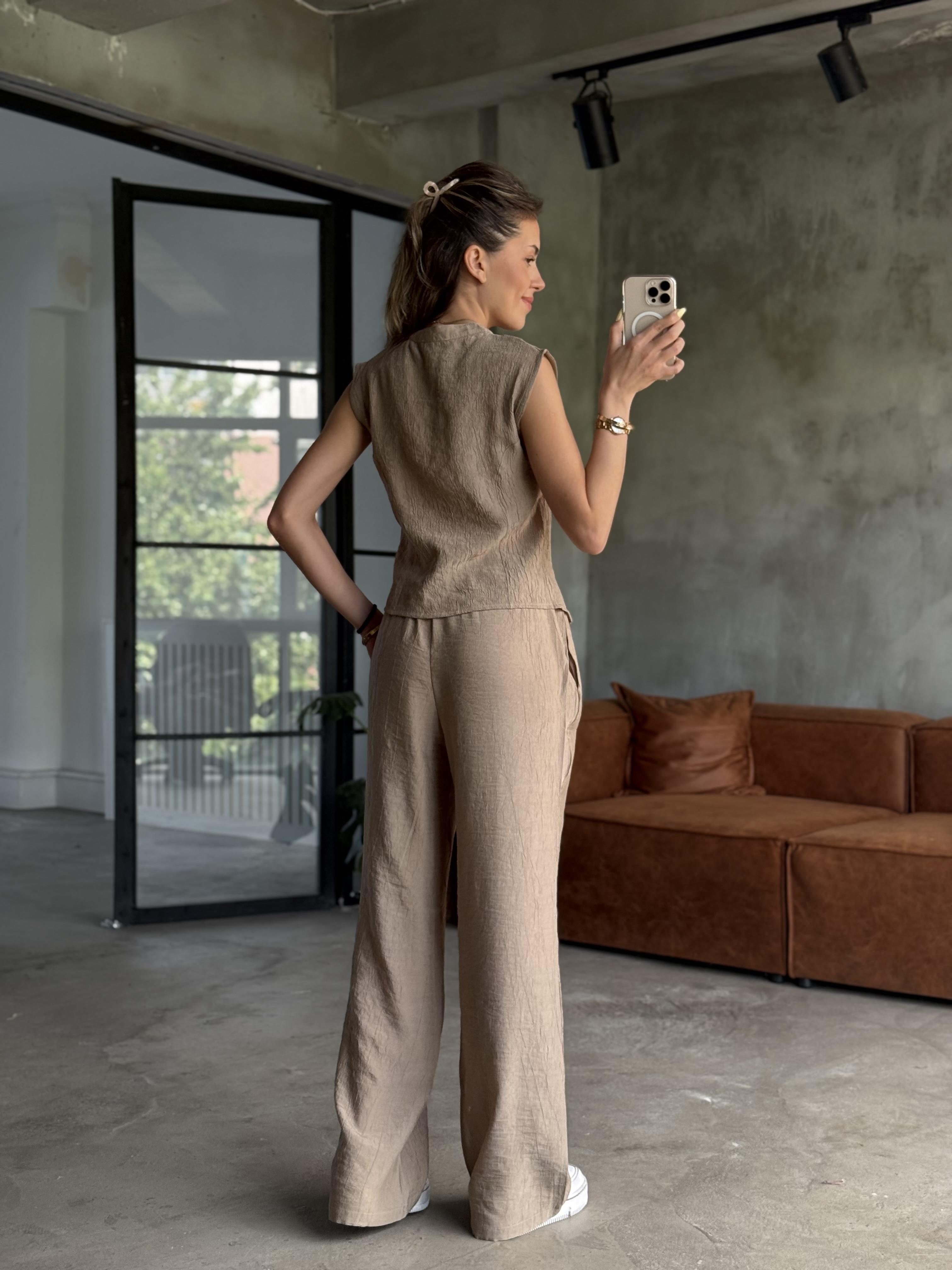 Gofre Yelek Pantolon Takım Camel