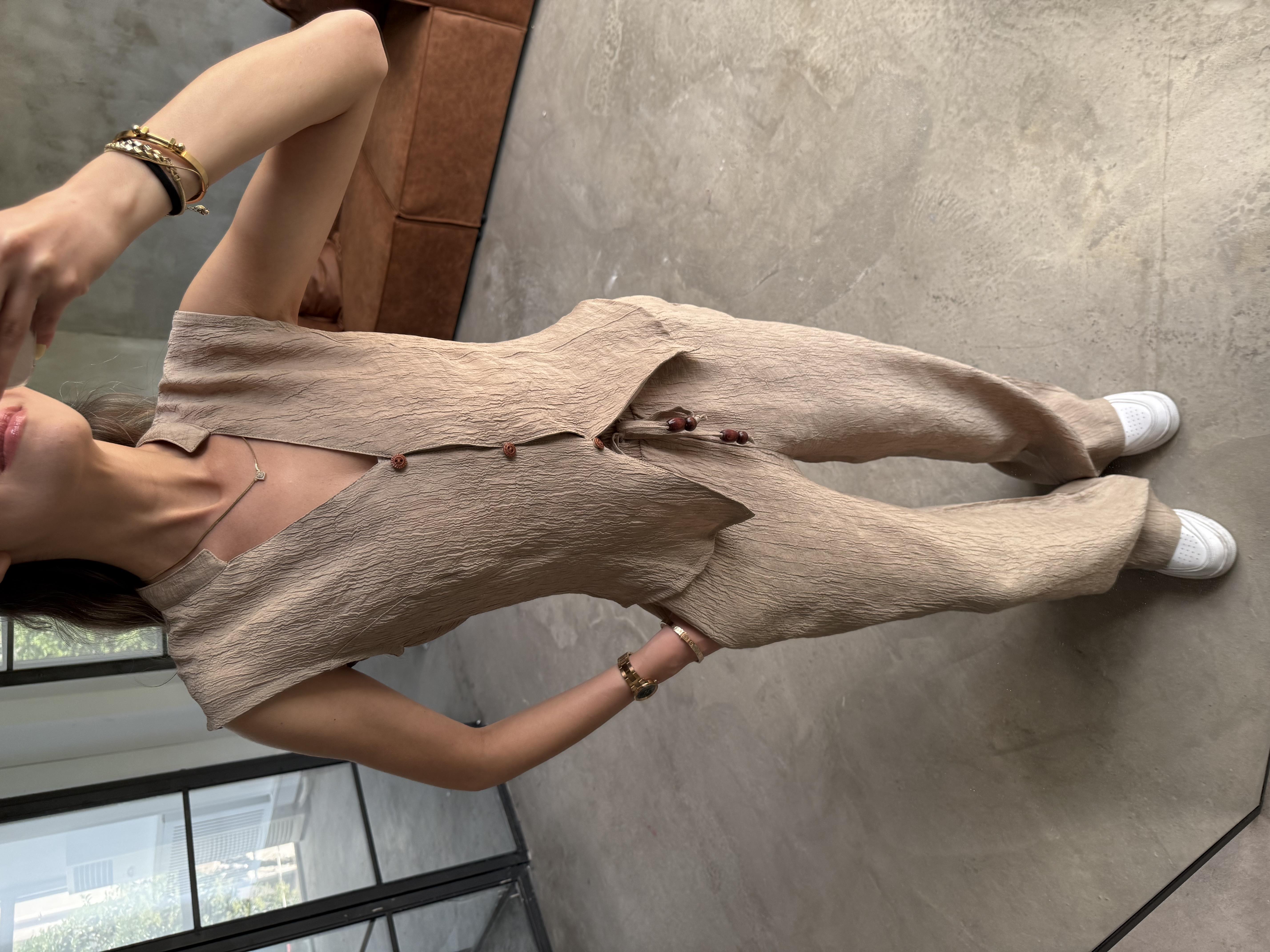 Gofre Yelek Pantolon Takım Camel