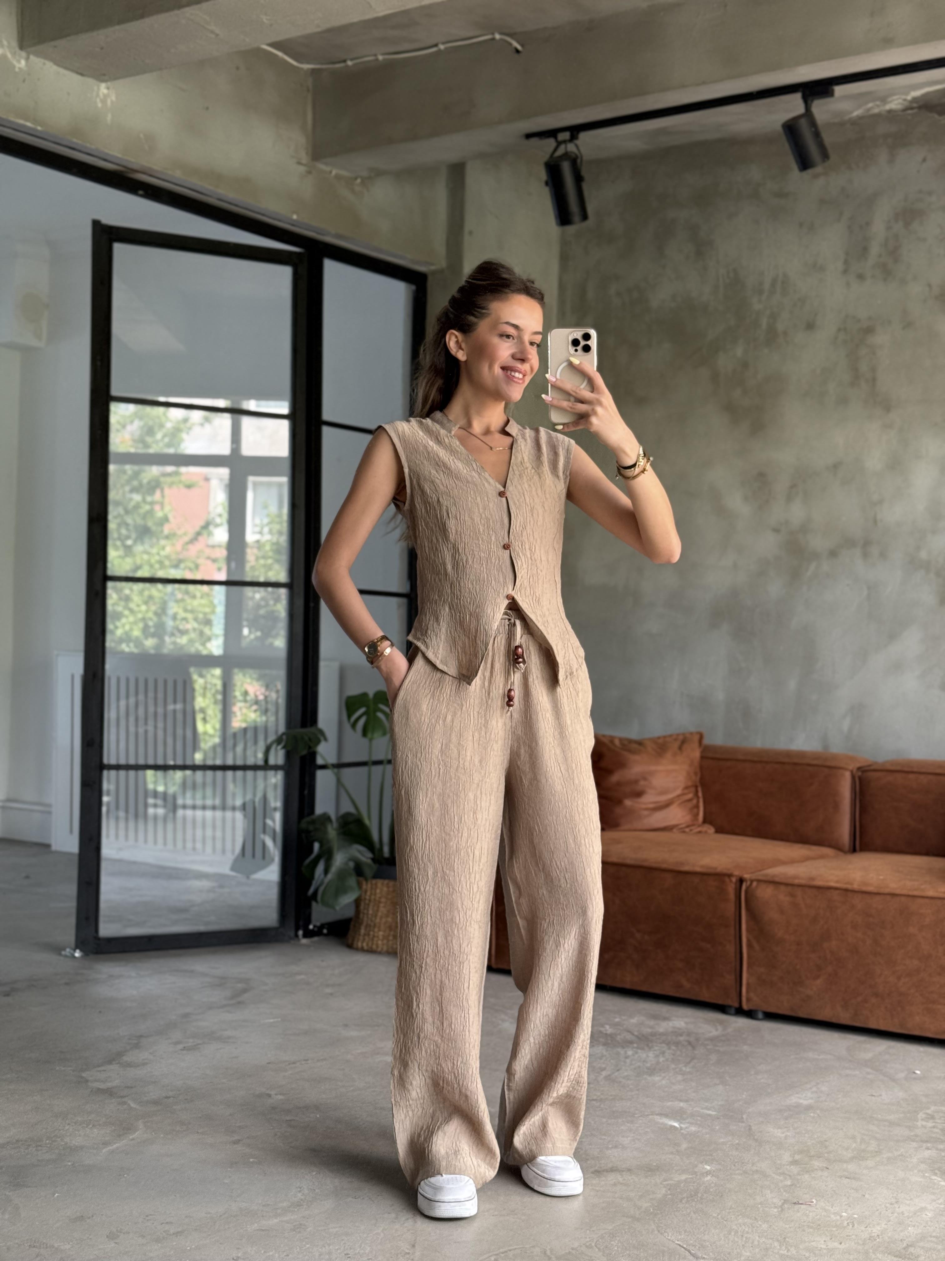 Gofre Yelek Pantolon Takım Camel
