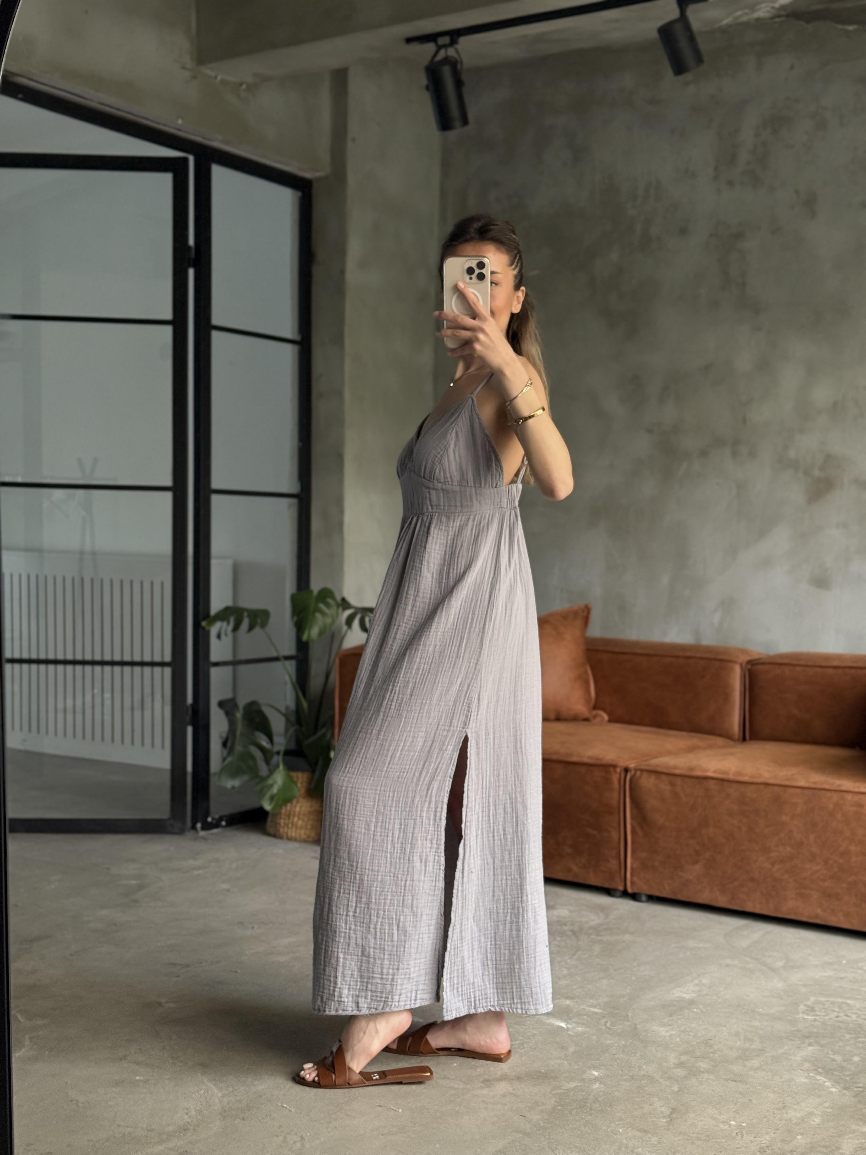 Gri Lilyana Askılı Müslin Elbise