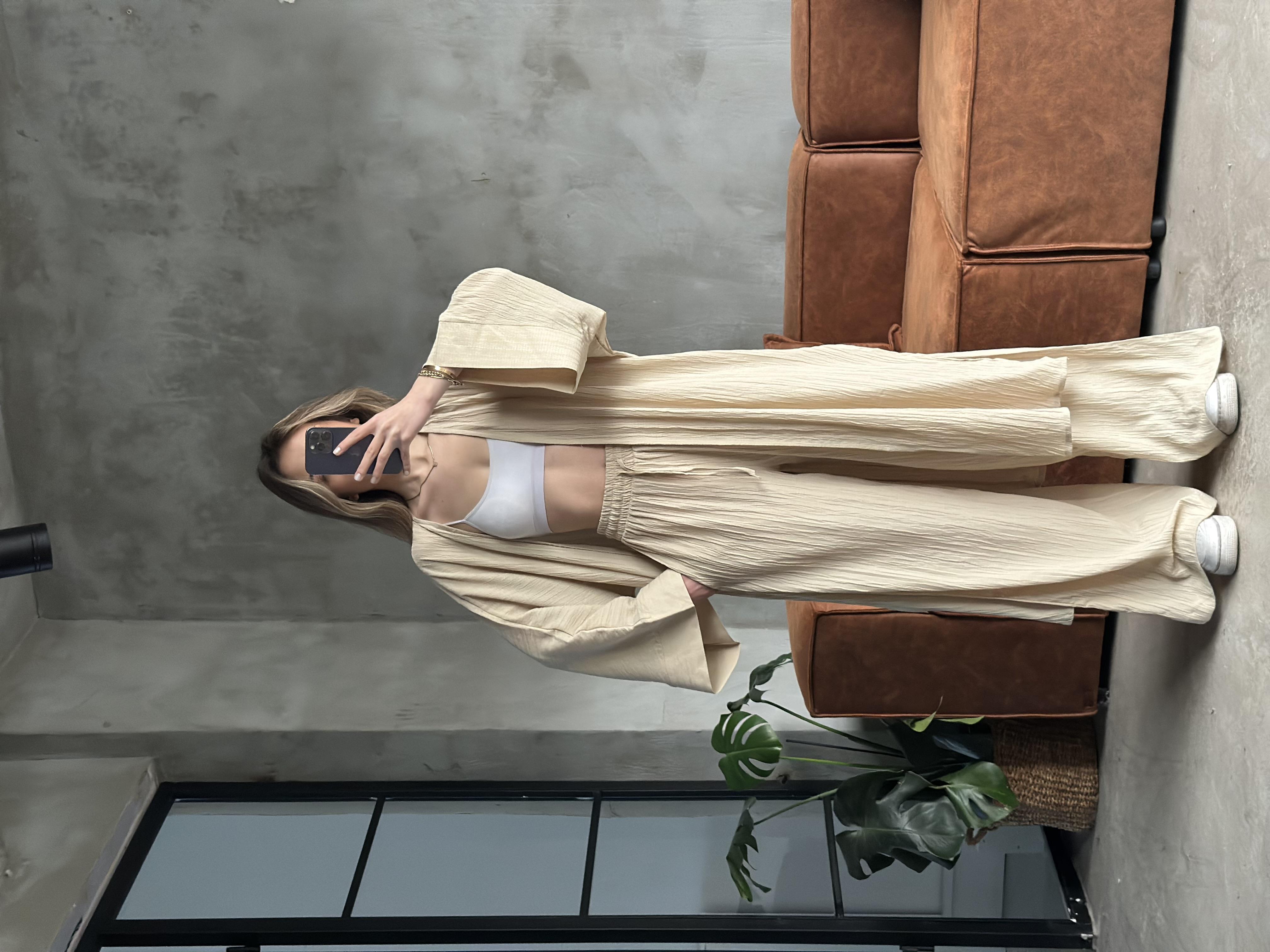 Heny Maxi Kimono Gofre Takım - Krem