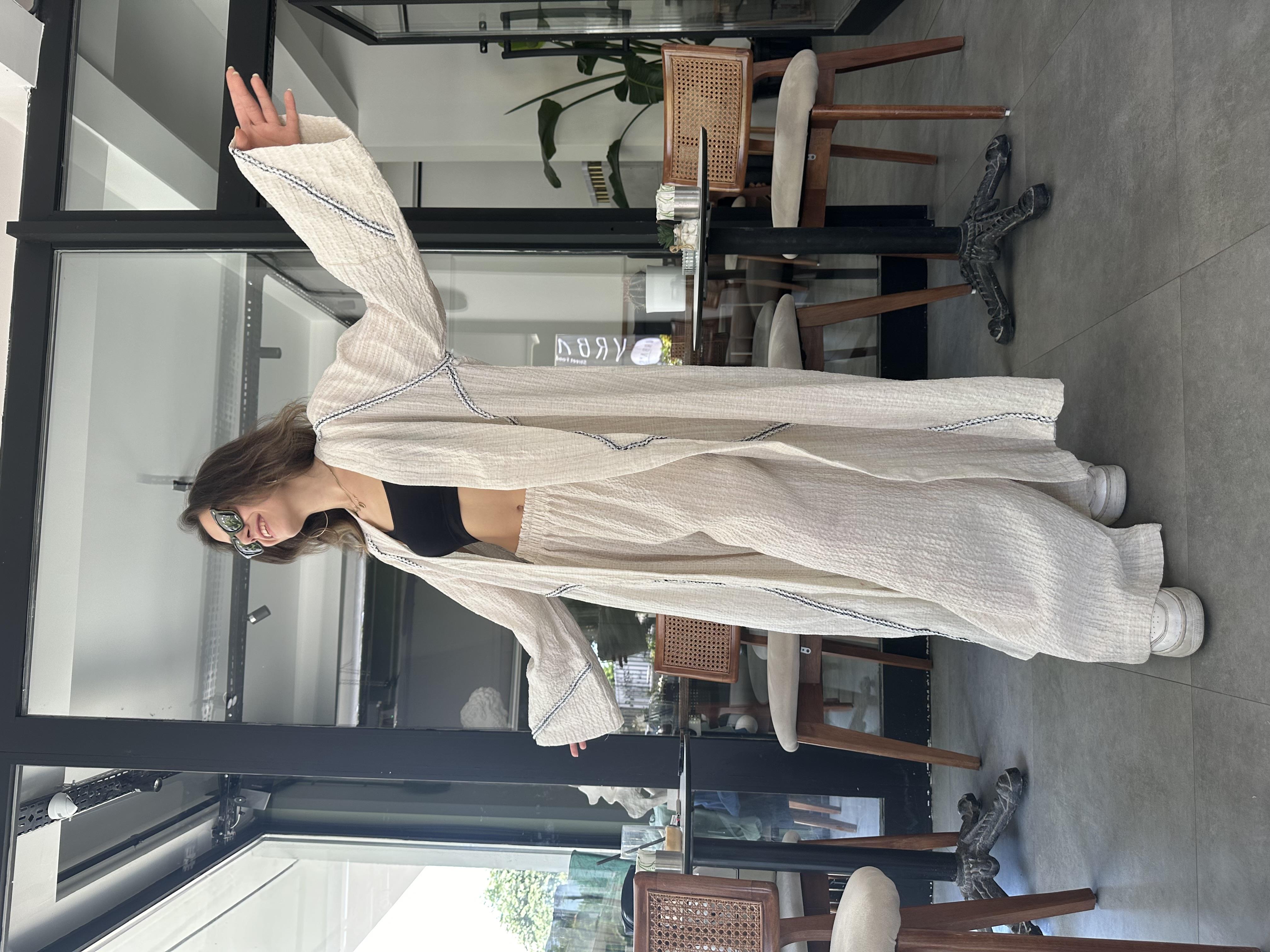 İşlemeli Maxi Kimono - Bej