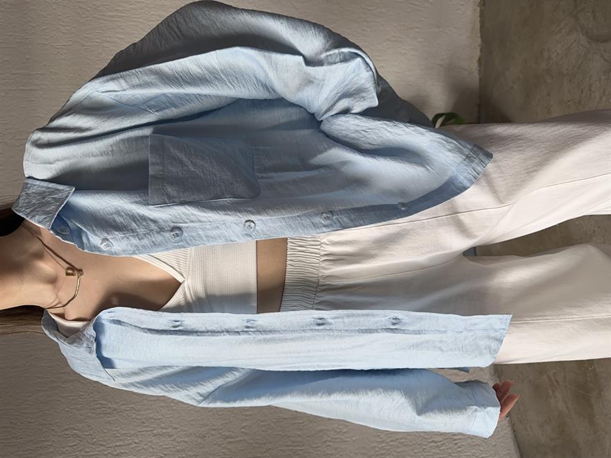İthal Keten Oversize Gömlek - Bebe Mavi