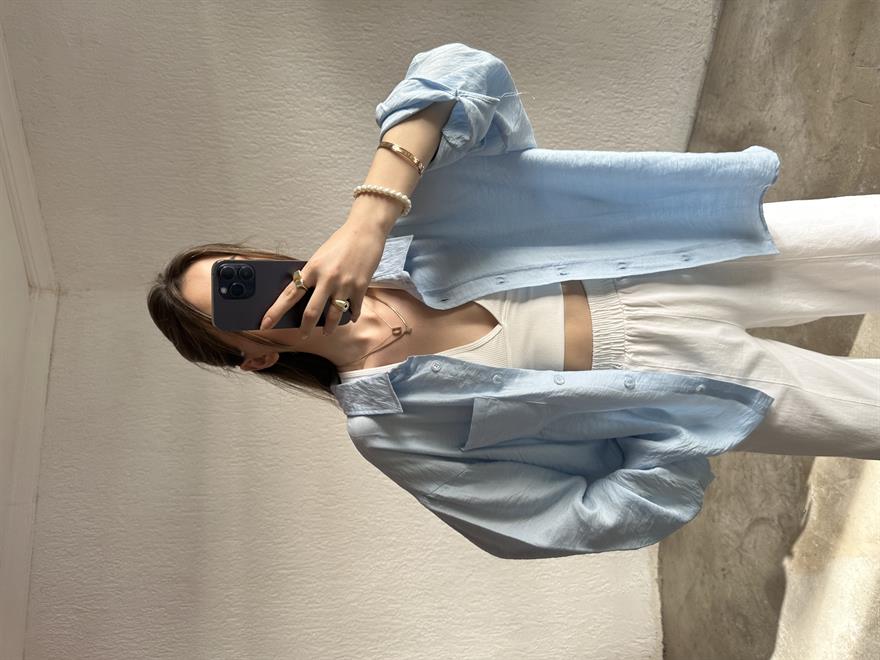 İthal Keten Oversize Gömlek - Bebe Mavi