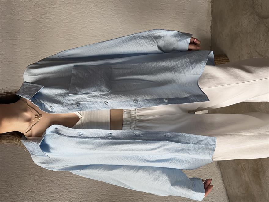 İthal Keten Oversize Gömlek - Bebe Mavi