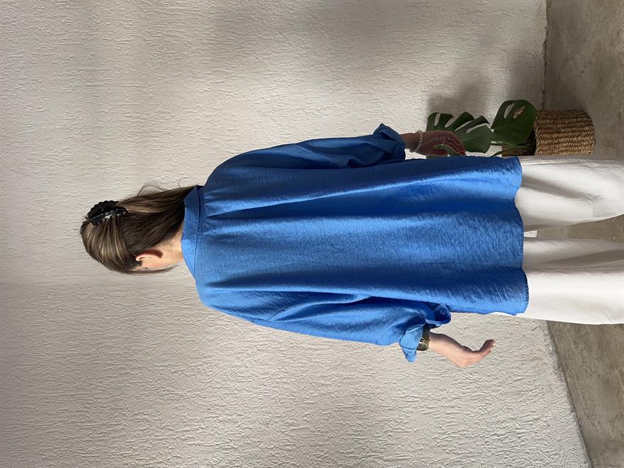 İthal Keten Oversize Gömlek - Mavi